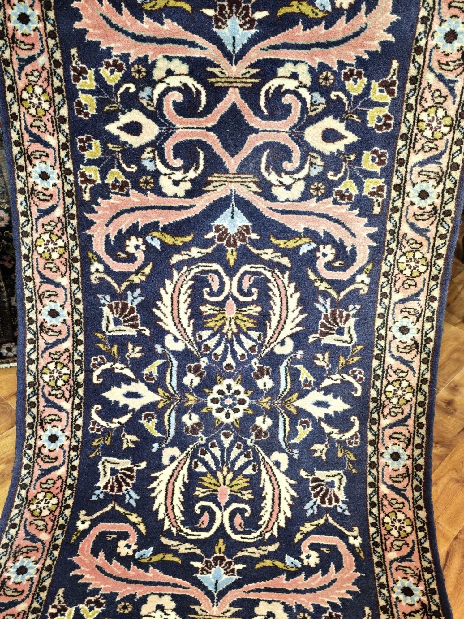 Chodnik Malayer Jozan 300x76 cm, niebieski różowy biały zielony złoty, wełna bawełna, Iran, lata 60. - 395514