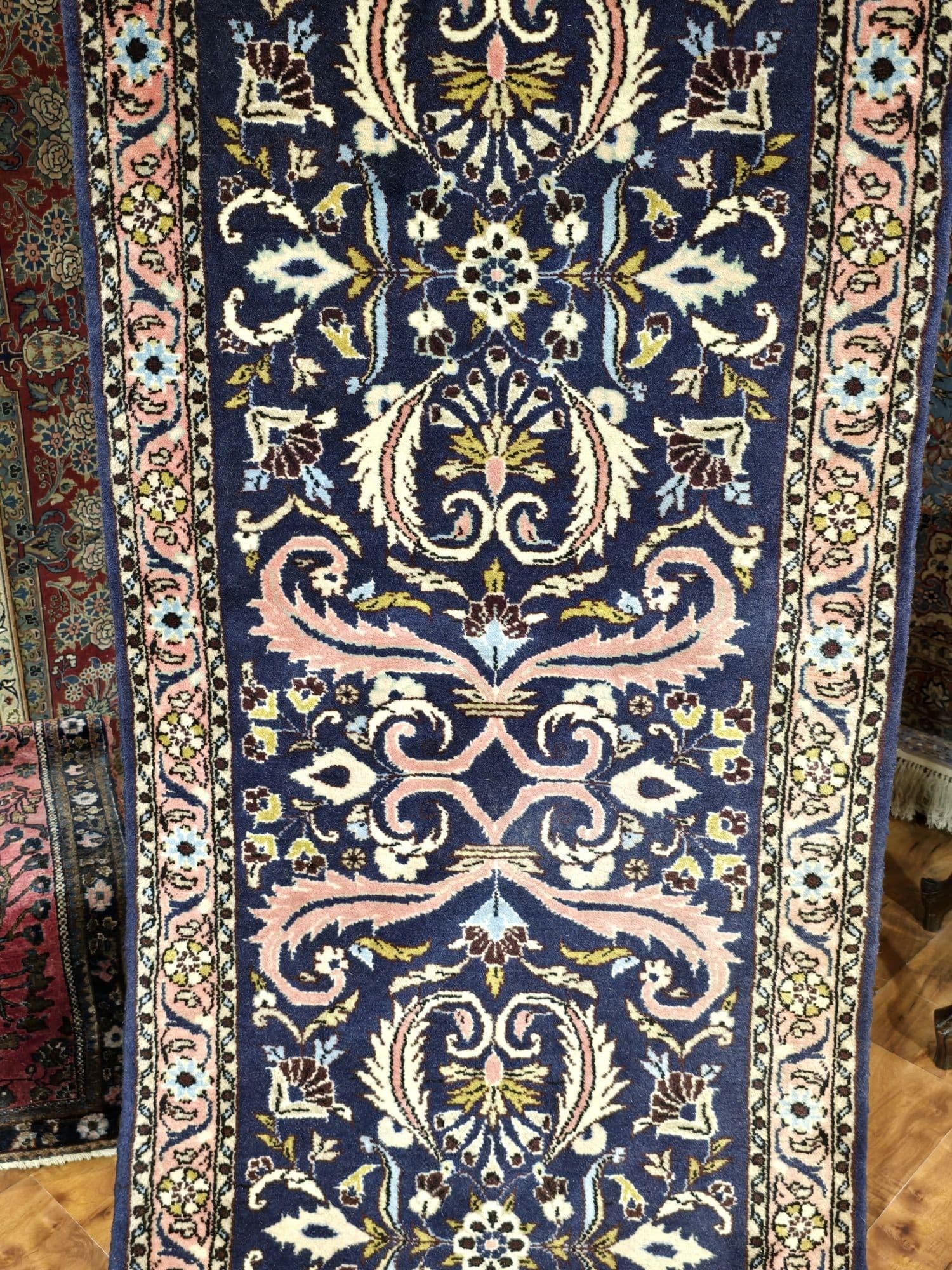 Chodnik Malayer Jozan 300x76 cm, niebieski różowy biały zielony złoty, wełna bawełna, Iran, lata 60. - 395513