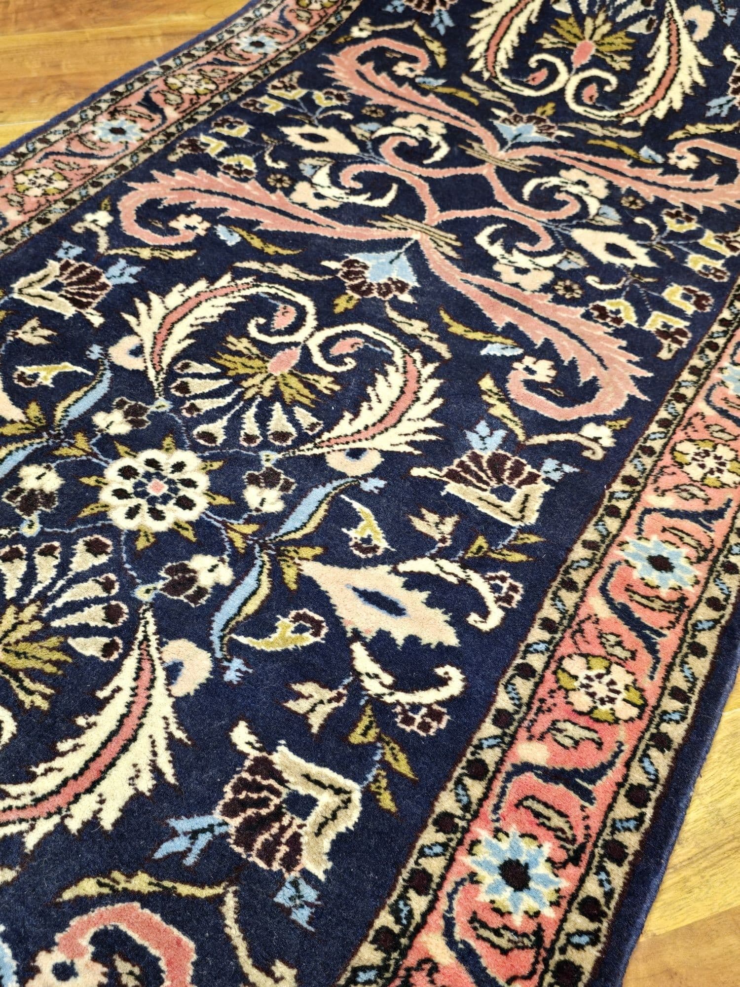 Chodnik Malayer Jozan 300x76 cm, niebieski różowy biały zielony złoty, wełna bawełna, Iran, lata 60. - 395517