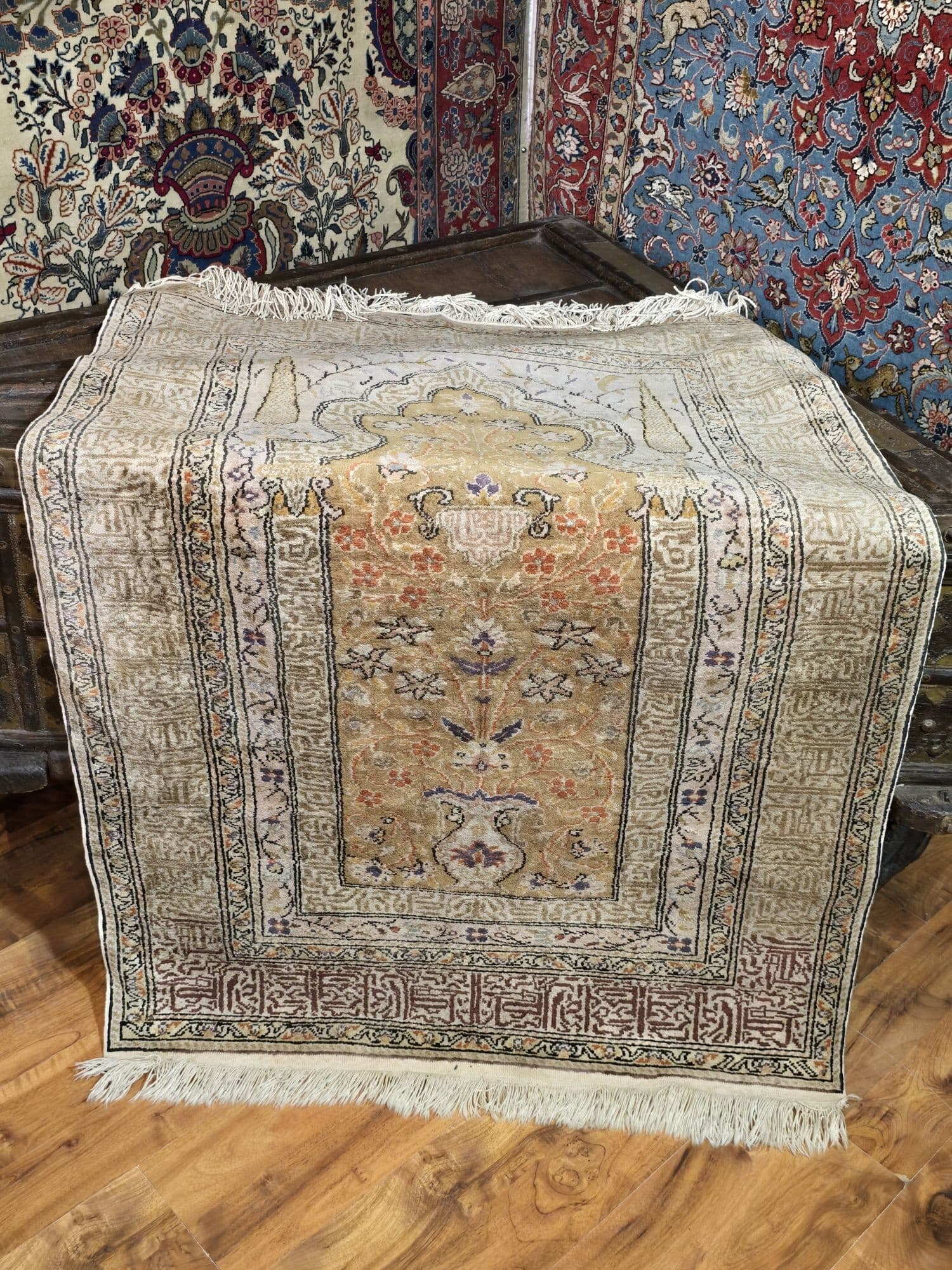 Rug Kayseri 130x90 cm, golden pink beige silk, Turkey - 395560