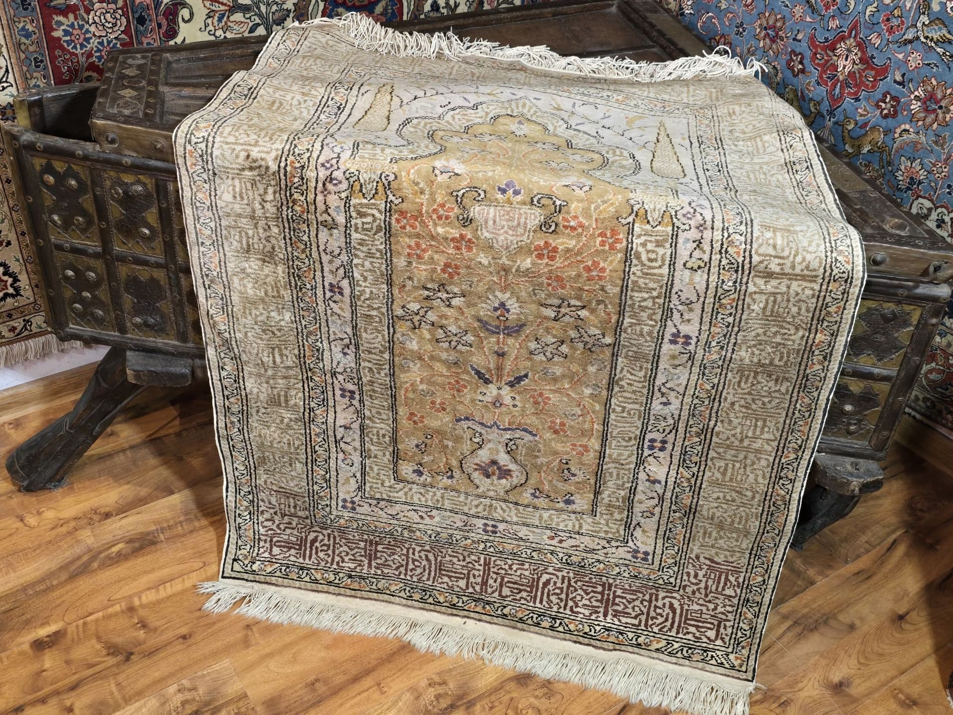 Rug Kayseri 130x90 cm, golden pink beige silk, Turkey - 395561