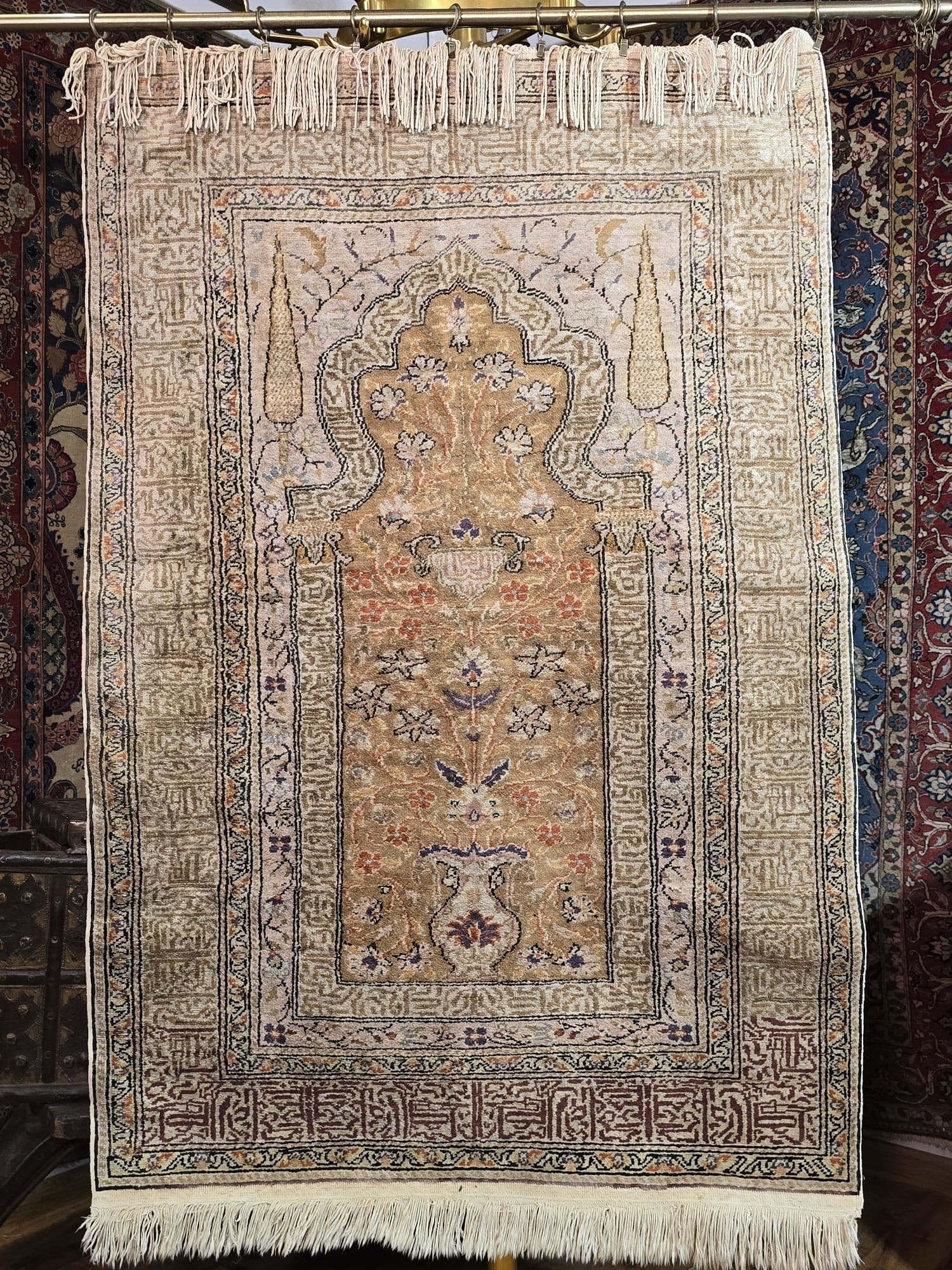 Rug Kayseri 130x90 cm, golden pink beige silk, Turkey - 395564