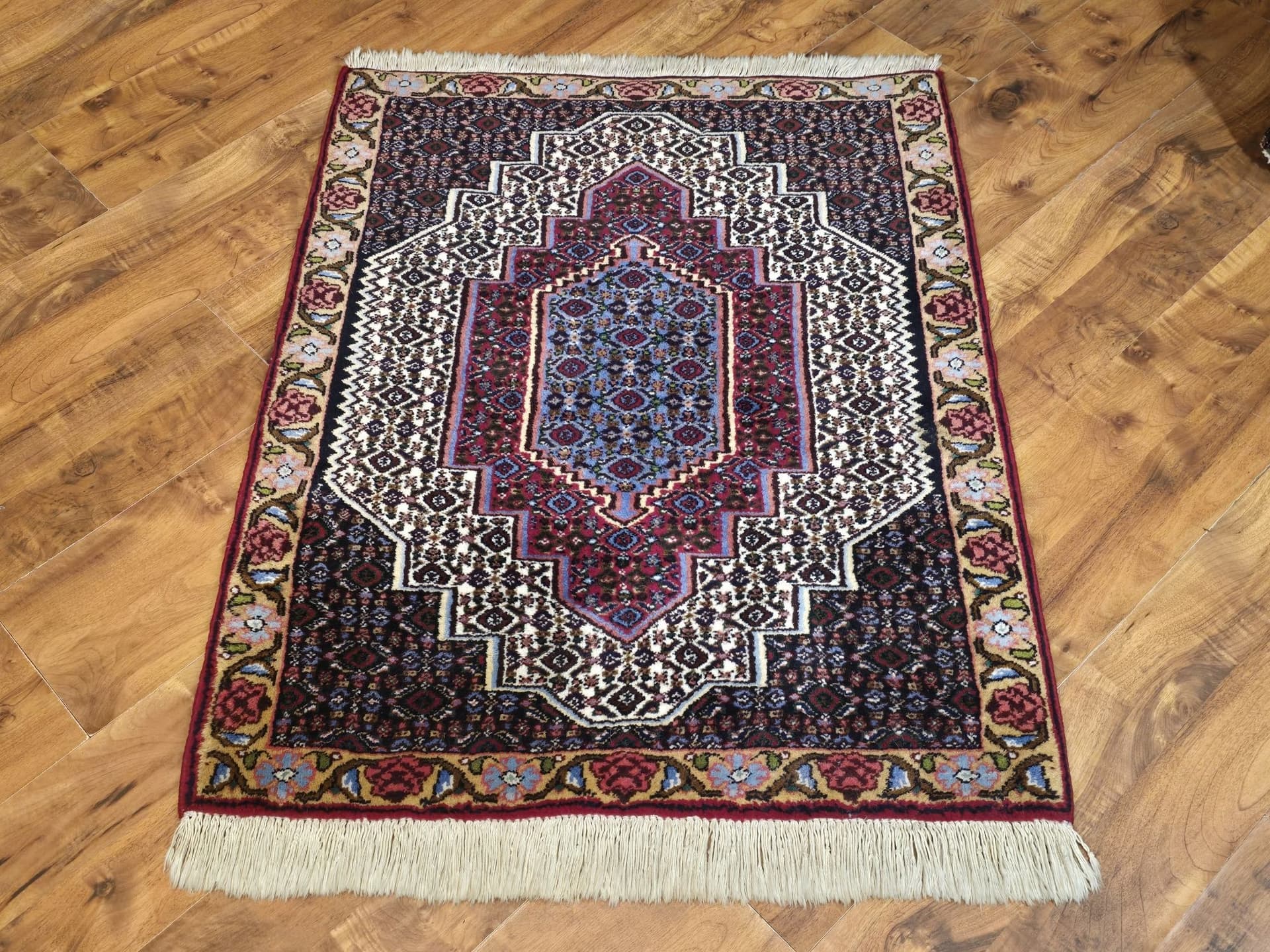 Dywan Sanandaj, 80x100 cm, czerwony niebieski biały różowy złoty, wełna, Iran - 395590