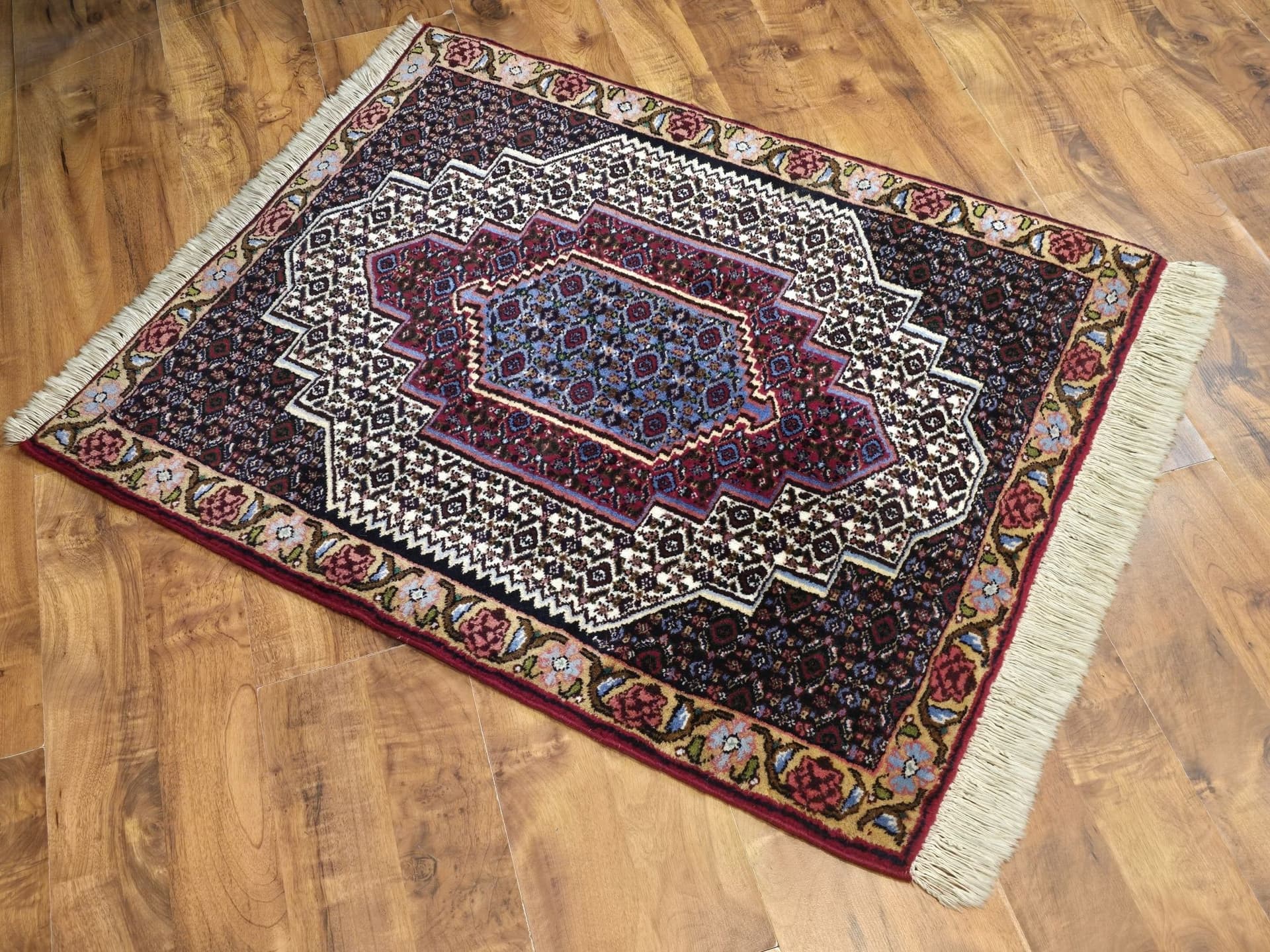 Dywan Sanandaj, 80x100 cm, czerwony niebieski biały różowy złoty, wełna, Iran - 395589