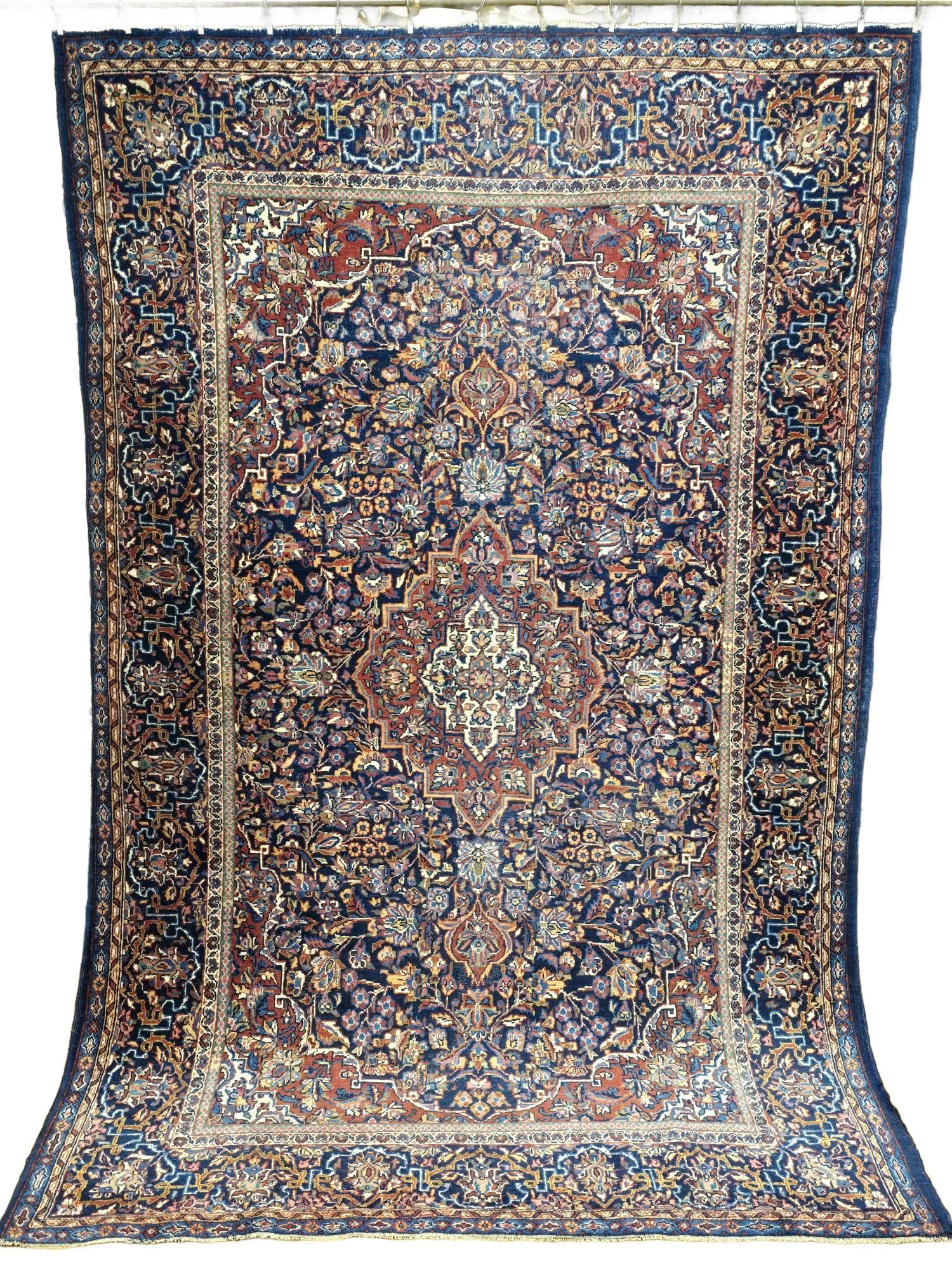 Dywan Keshan 138x215 cm, niebieski czerwony beżowy zielony złoty, wełna, Iran, lata 50.