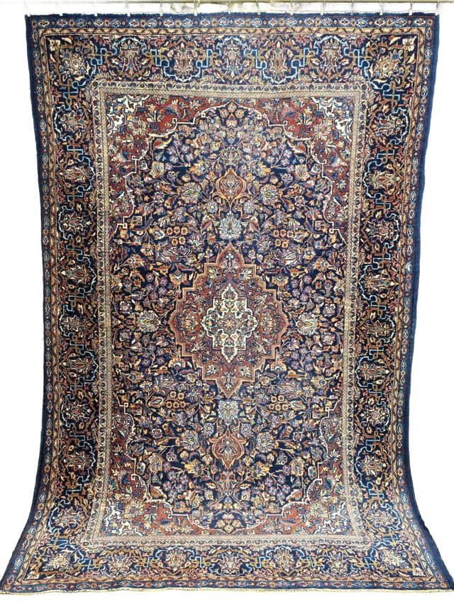 Dywan Keshan 138x215 cm, niebieski czerwony beżowy zielony złoty, wełna, Iran, lata 50. - WYMIARY