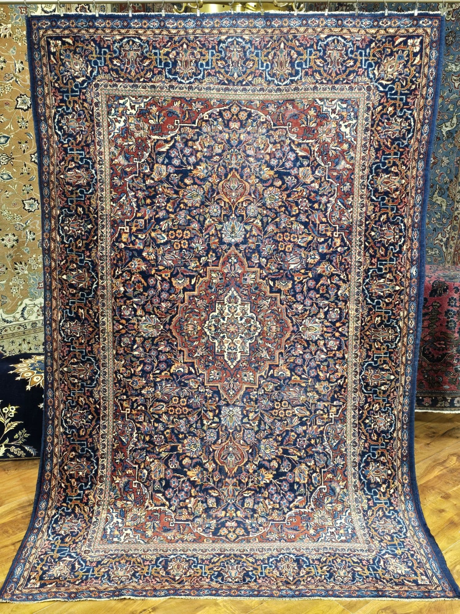 Dywan Keshan 138x215 cm, niebieski czerwony beżowy zielony złoty, wełna, Iran, lata 50. - 395600