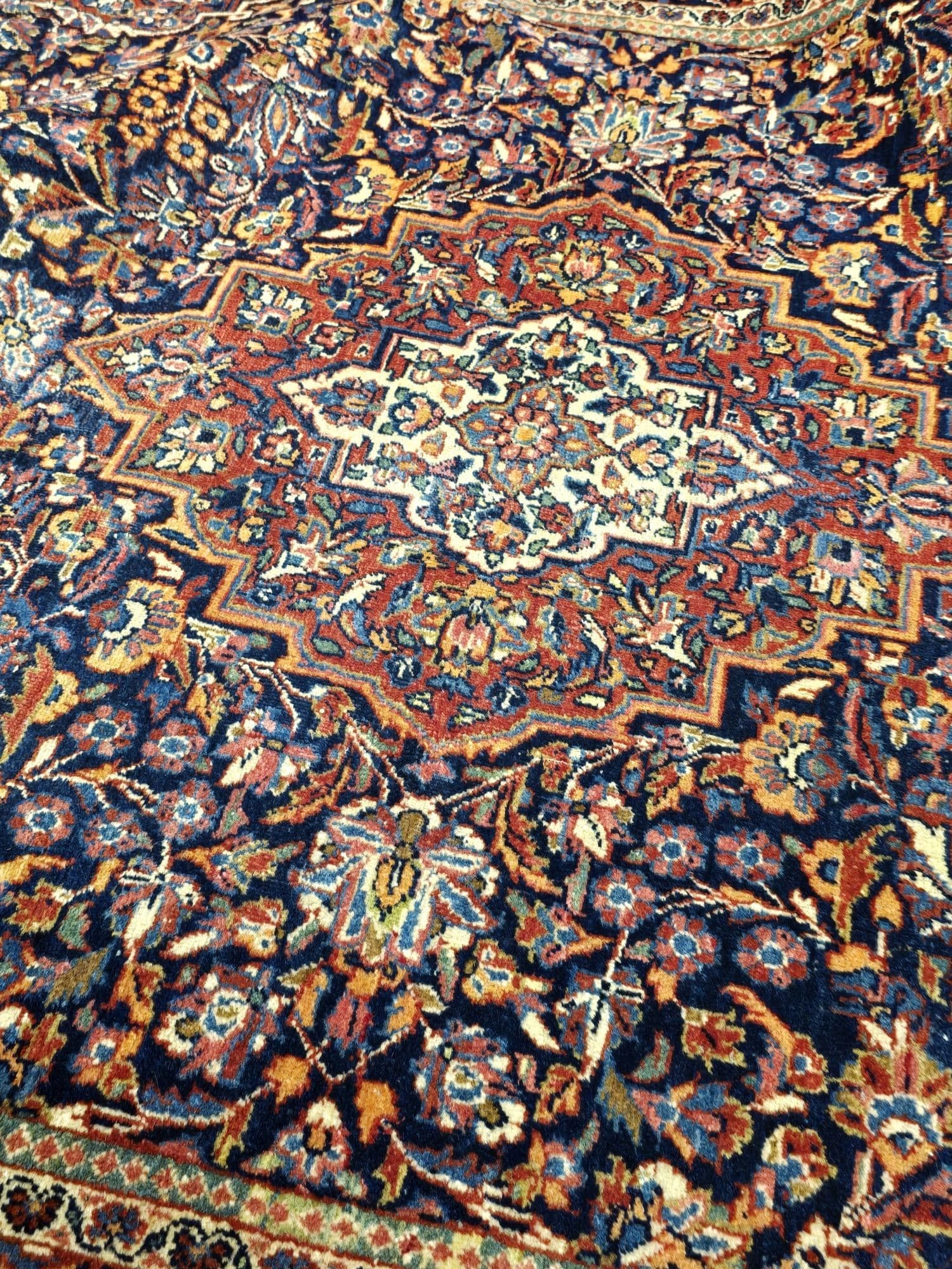 Dywan Keshan 138x215 cm, niebieski czerwony beżowy zielony złoty, wełna, Iran, lata 50. - 395599