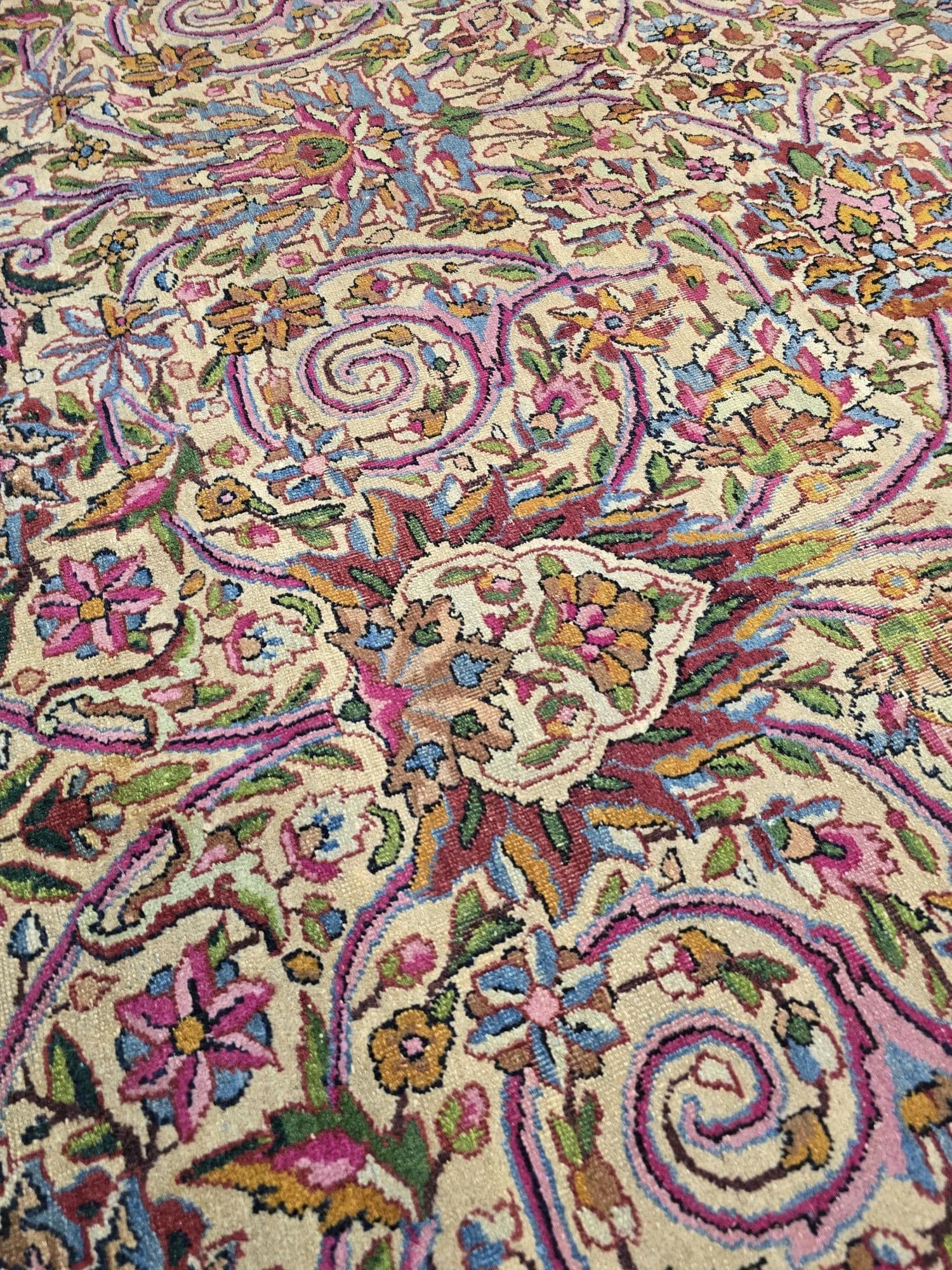 Dywan Kerman Lavar, 350x270 cm, beżowy różowy fioletowy niebieski zielony złoty, wełna, Iran, lata 30. - 395602