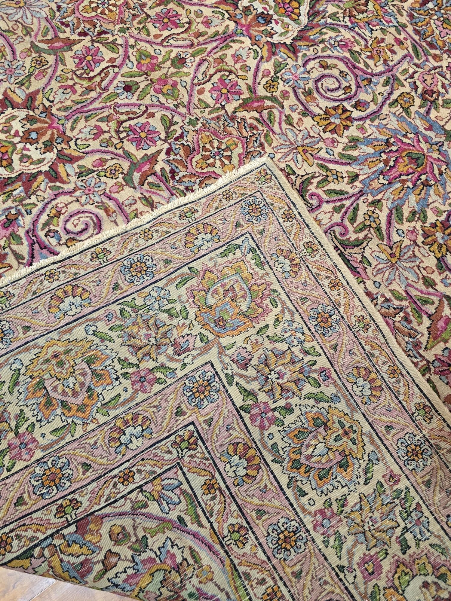 Dywan Kerman Lavar, 350x270 cm, beżowy różowy fioletowy niebieski zielony złoty, wełna, Iran, lata 30. - 395605
