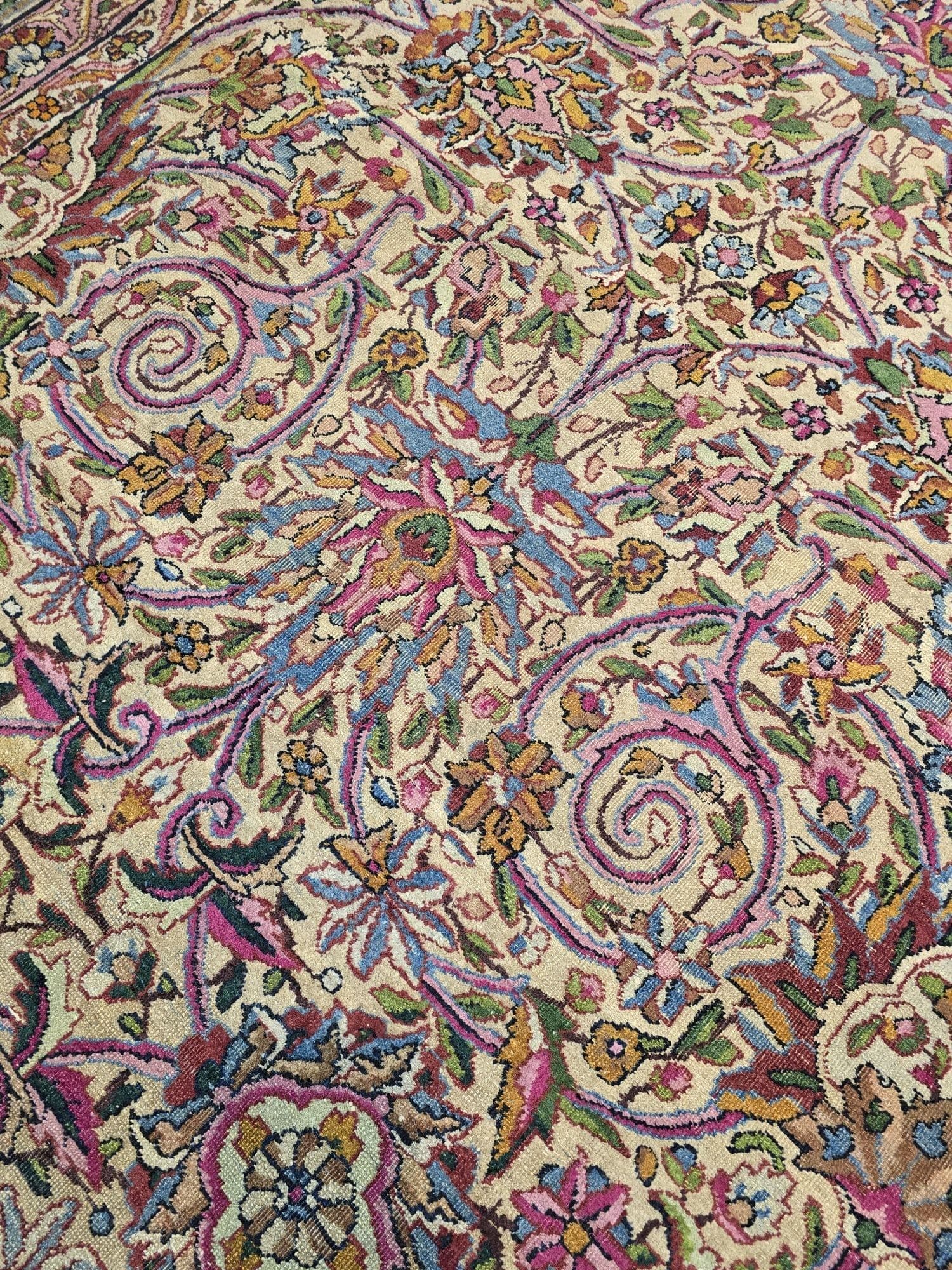 Dywan Kerman Lavar, 350x270 cm, beżowy różowy fioletowy niebieski zielony złoty, wełna, Iran, lata 30. - 395606
