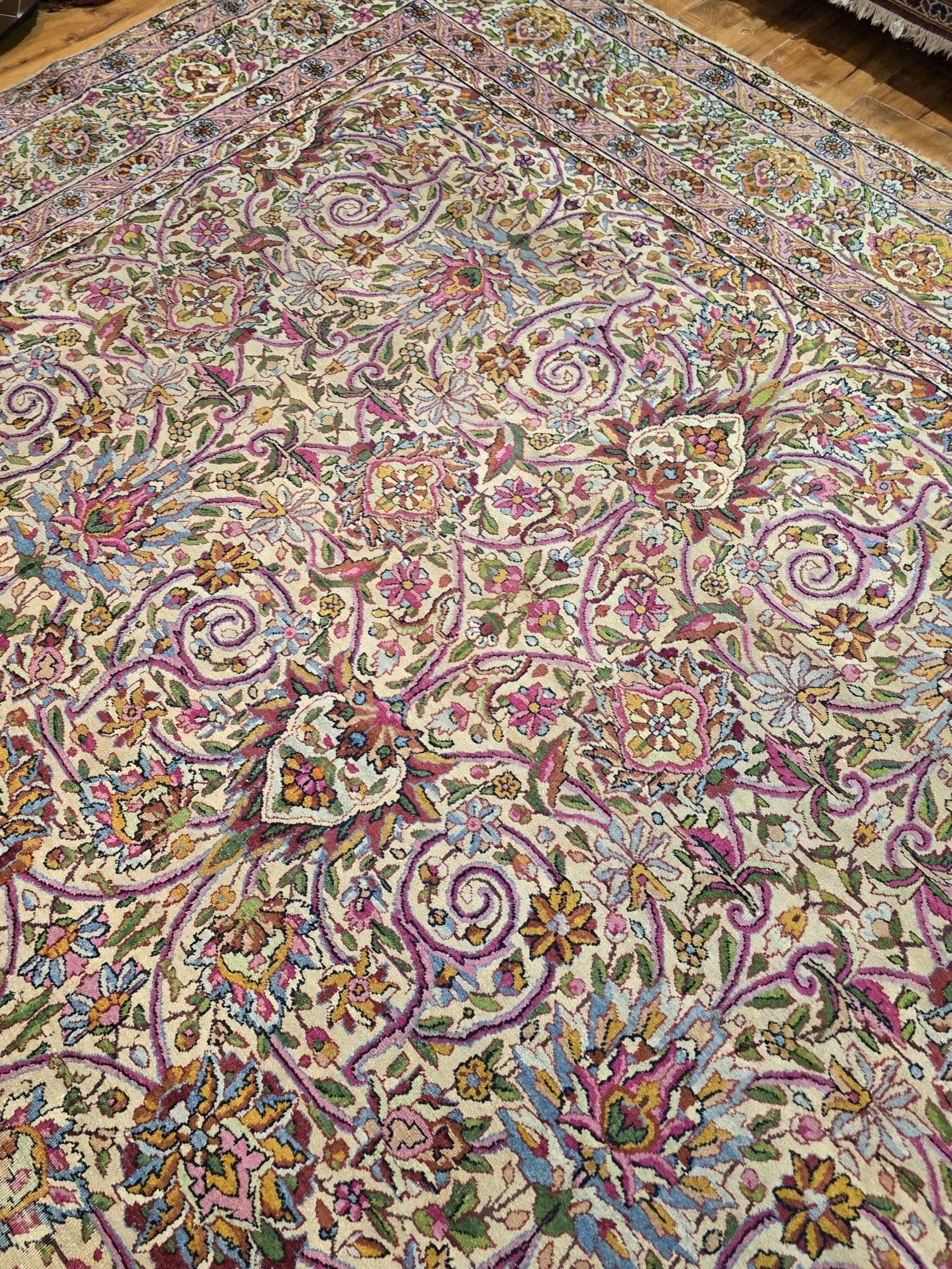 Dywan Kerman Lavar, 350x270 cm, beżowy różowy fioletowy niebieski zielony złoty, wełna, Iran, lata 30. - 395603