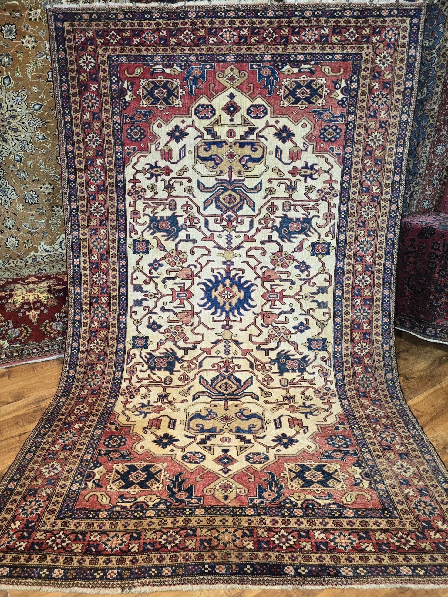 Dywan Karadja Serapi Pardeh 165x265, kremowy czerwony niebieski, wełna bawełna, Iran, lata 50. - 395627