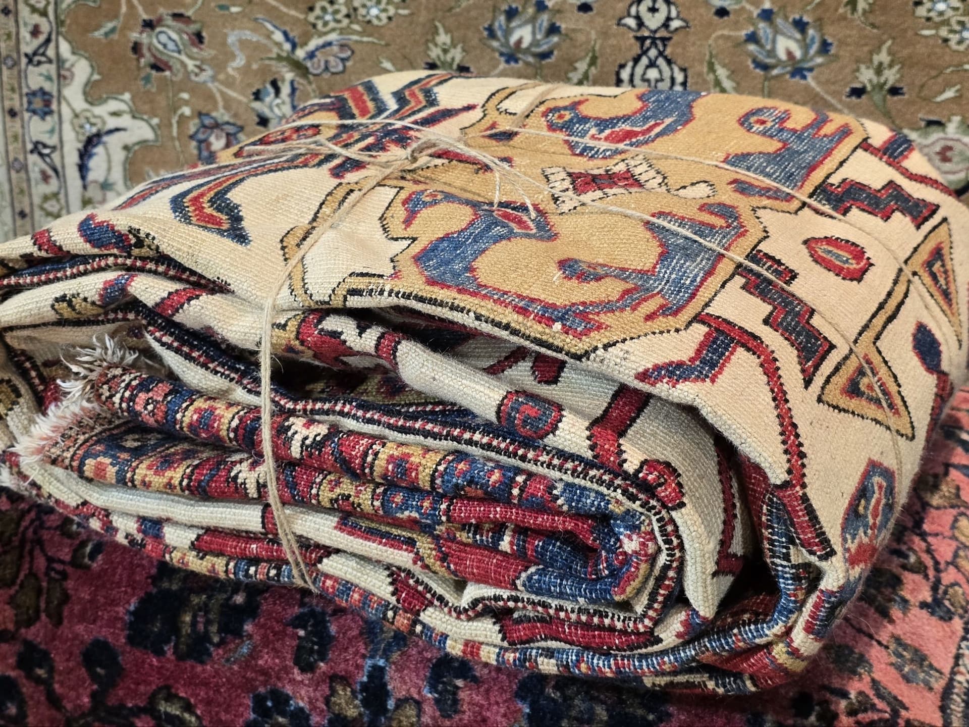 Dywan Karadja Serapi Pardeh 165x265, kremowy czerwony niebieski, wełna bawełna, Iran, lata 50. - 395626