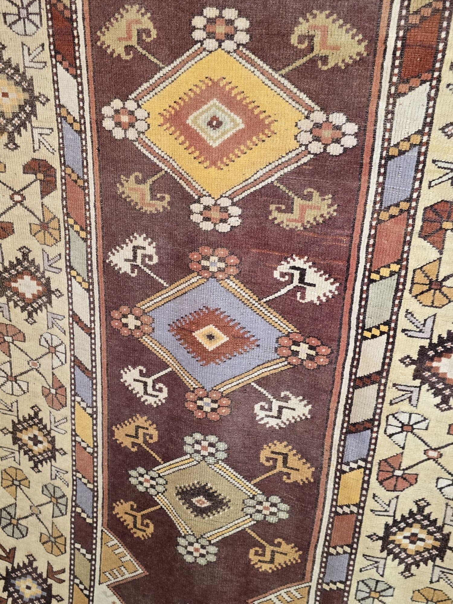 Dywan Sivas, 117x200 cm, brązowy żółty fioletowy beżowy, wełna, Turcja, lata 60. - 395629