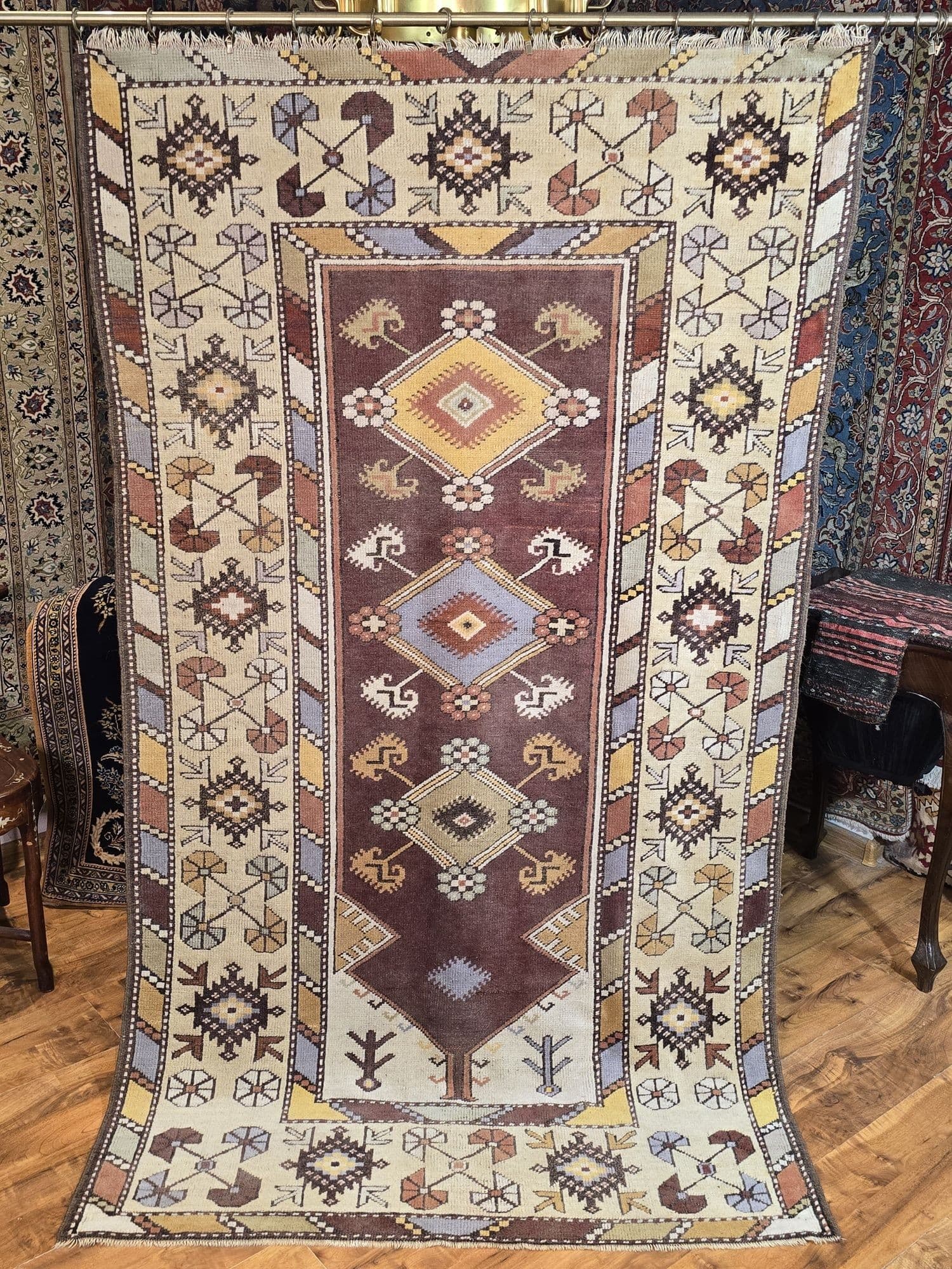 Dywan Sivas, 117x200 cm, brązowy żółty fioletowy beżowy, wełna, Turcja, lata 60. - 395636