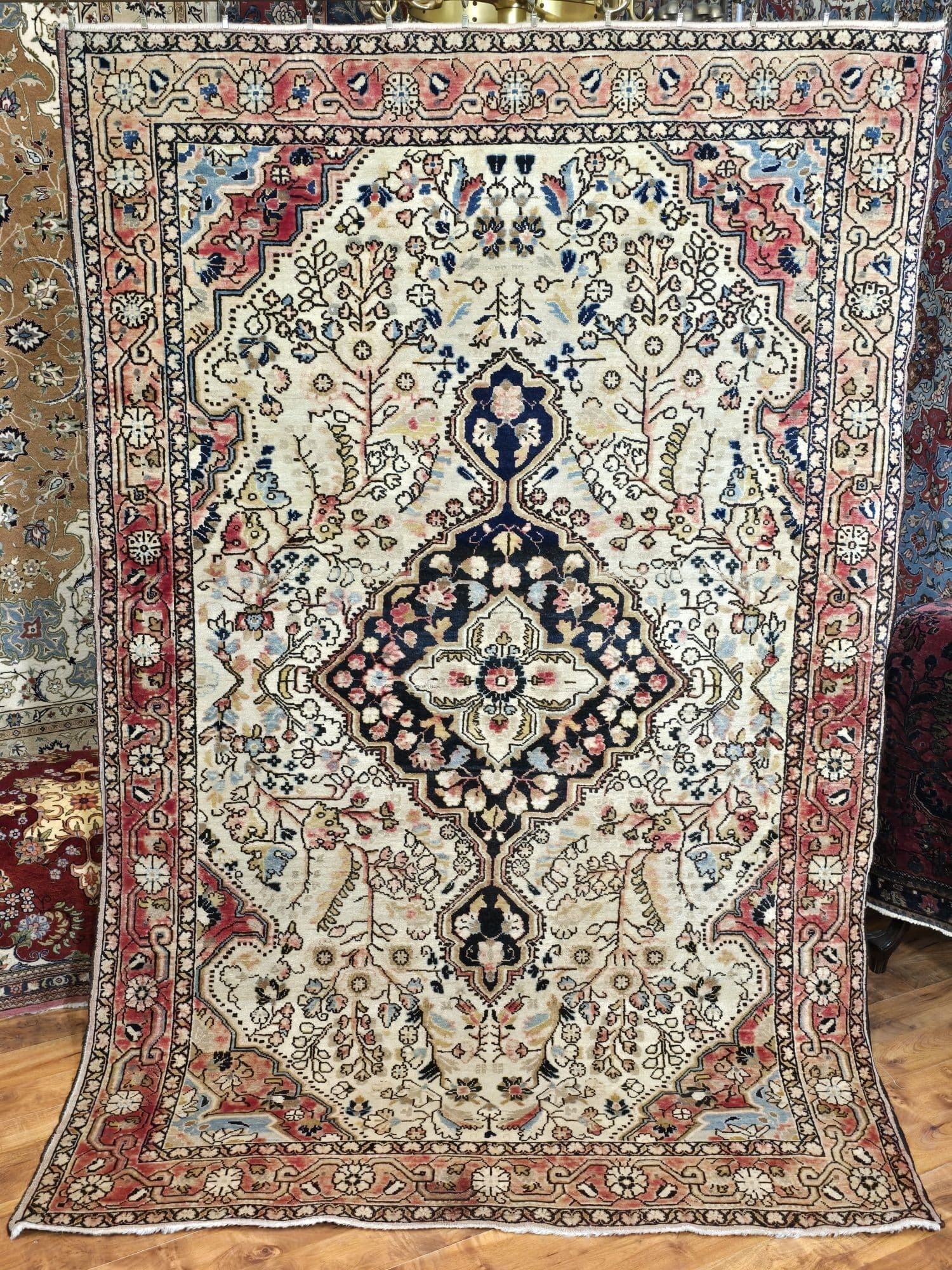 Dywan Tuyserkan Shahrbaft 210x135 cm, beżowy niebieski czerwony, wełna bawełna, Iran, lata 60. - 395648