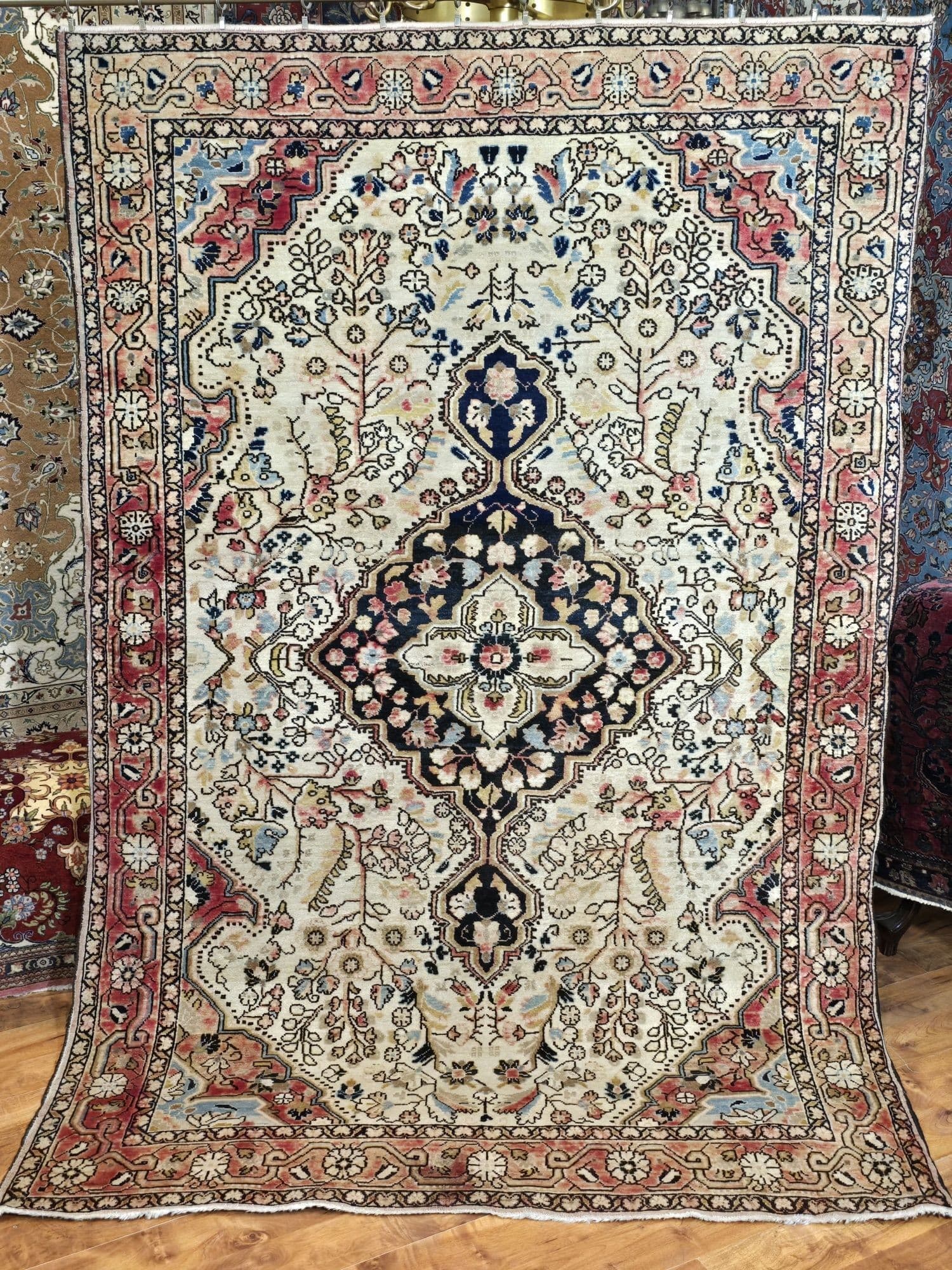 Dywan Tuyserkan Shahrbaft 210x135 cm, beżowy niebieski czerwony, wełna bawełna, Iran, lata 60. - 395654