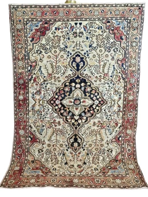 Dywan Tuyserkan Shahrbaft 210x135 cm, beżowy niebieski czerwony, wełna bawełna, Iran, lata 60. - WYMIARY