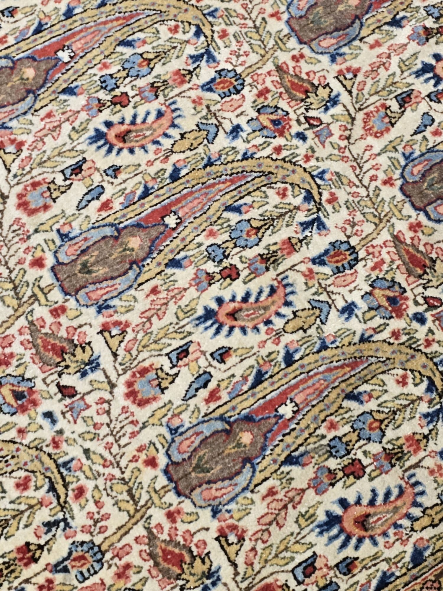 Dywan perski Qom 315x390 cm, biały czerwony niebieski zielony złoty, wełna, Iran, lata 60. - 395665