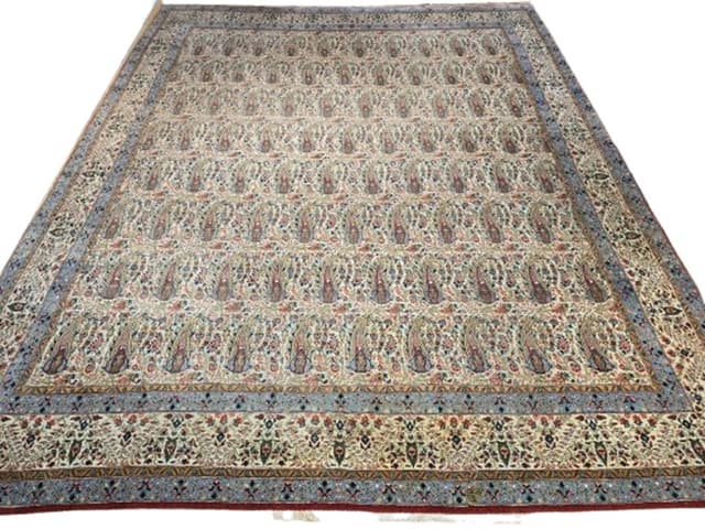 Dywan perski Qom 315x390 cm, biały czerwony niebieski zielony złoty, wełna, Iran, lata 60. - WYMIARY