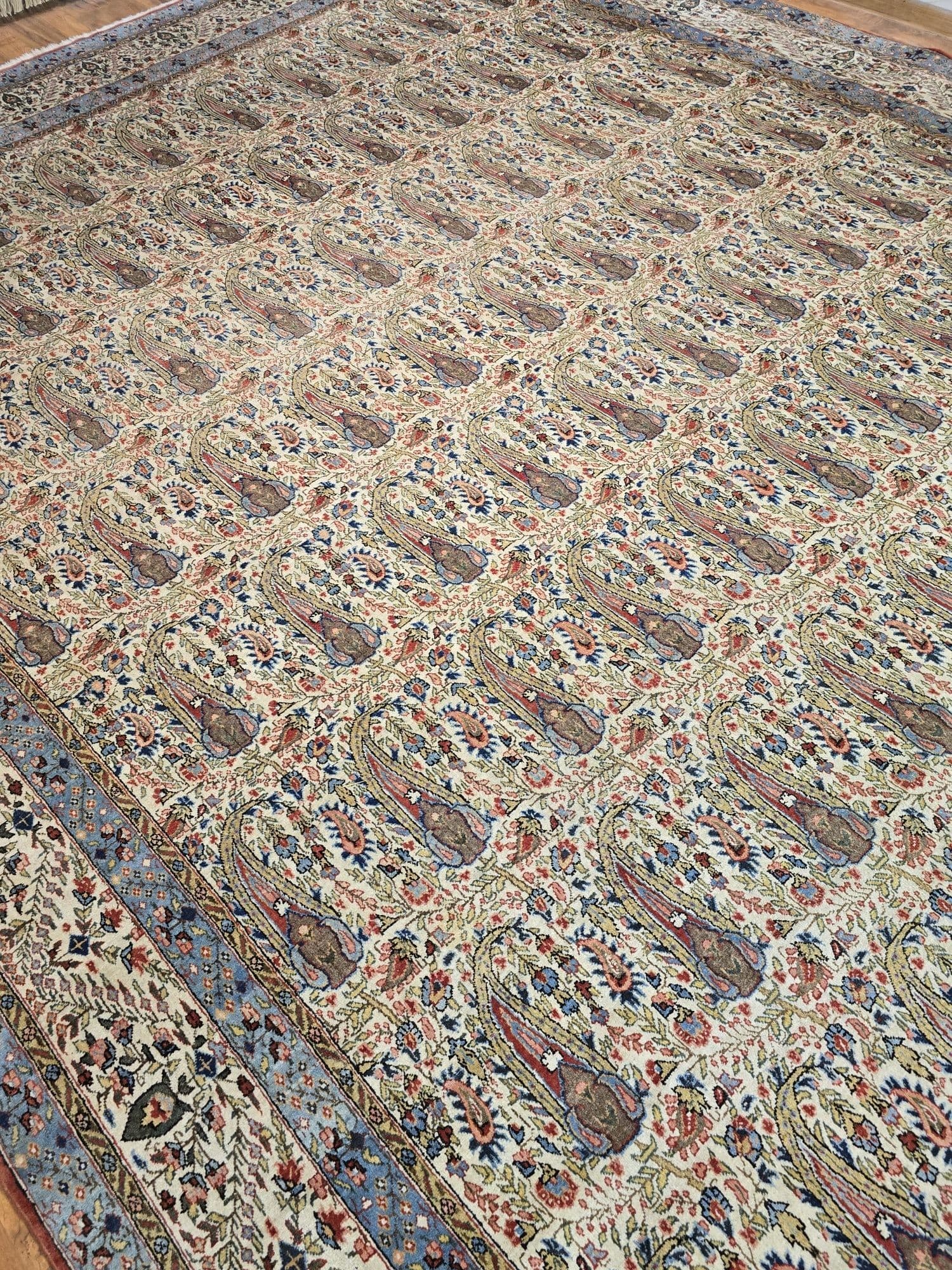 Dywan perski Qom 315x390 cm, biały czerwony niebieski zielony złoty, wełna, Iran, lata 60. - 395667