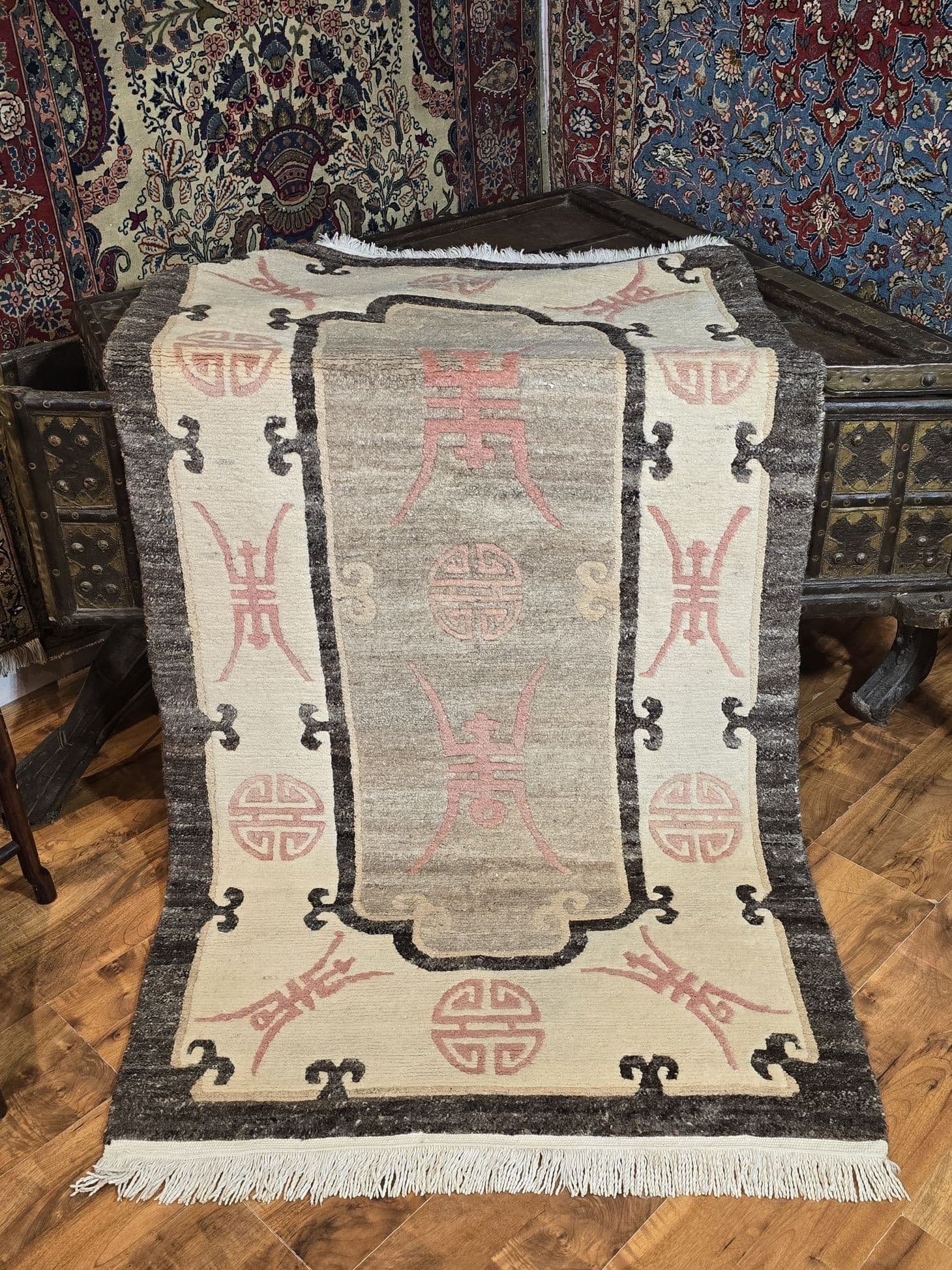 Tibetan Rug Shou, 93x173 cm, beige grey brown pink, wool, Nepal - 395690