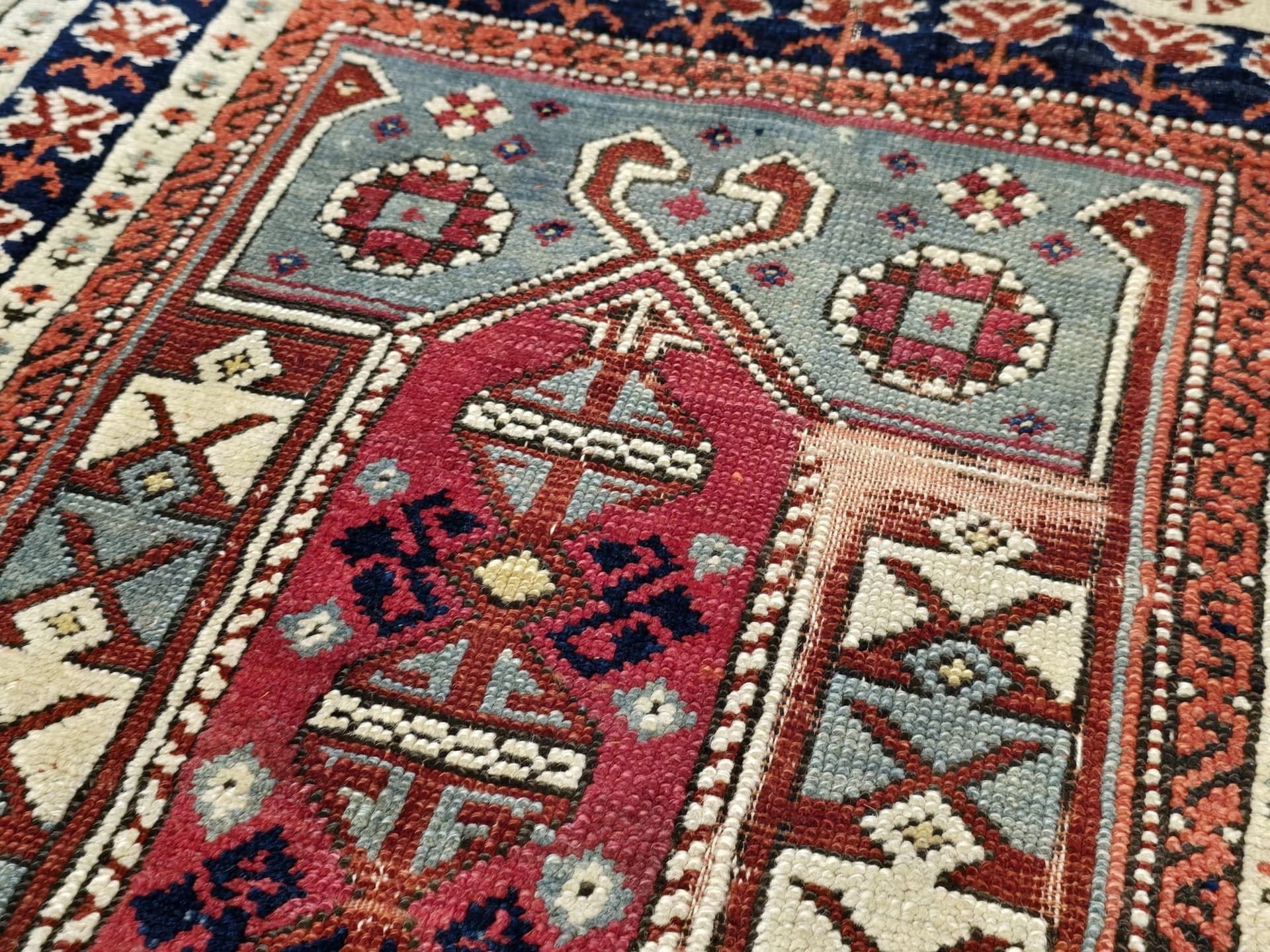 Rug Shirvan 90x120 cm, blue red white, wool, Azerbaijan, 19th c. - 395701