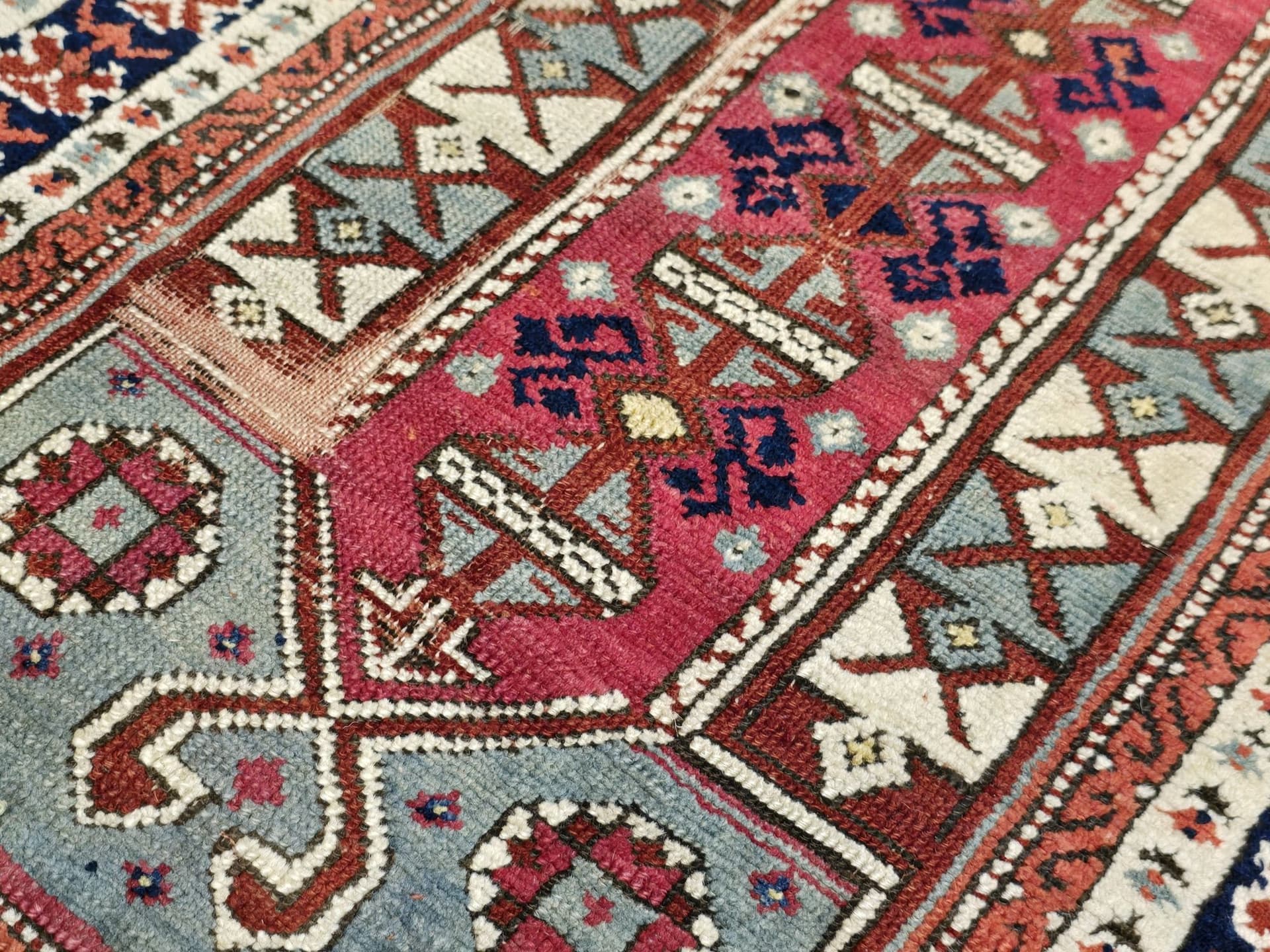 Rug Shirvan 90x120 cm, blue red white, wool, Azerbaijan, 19th c. - 395706