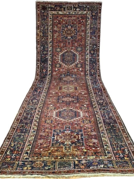 Carpet Heriz Karayah 440x150 cm, red blue yellow green brown white, wool, Iran, early 20th c.
