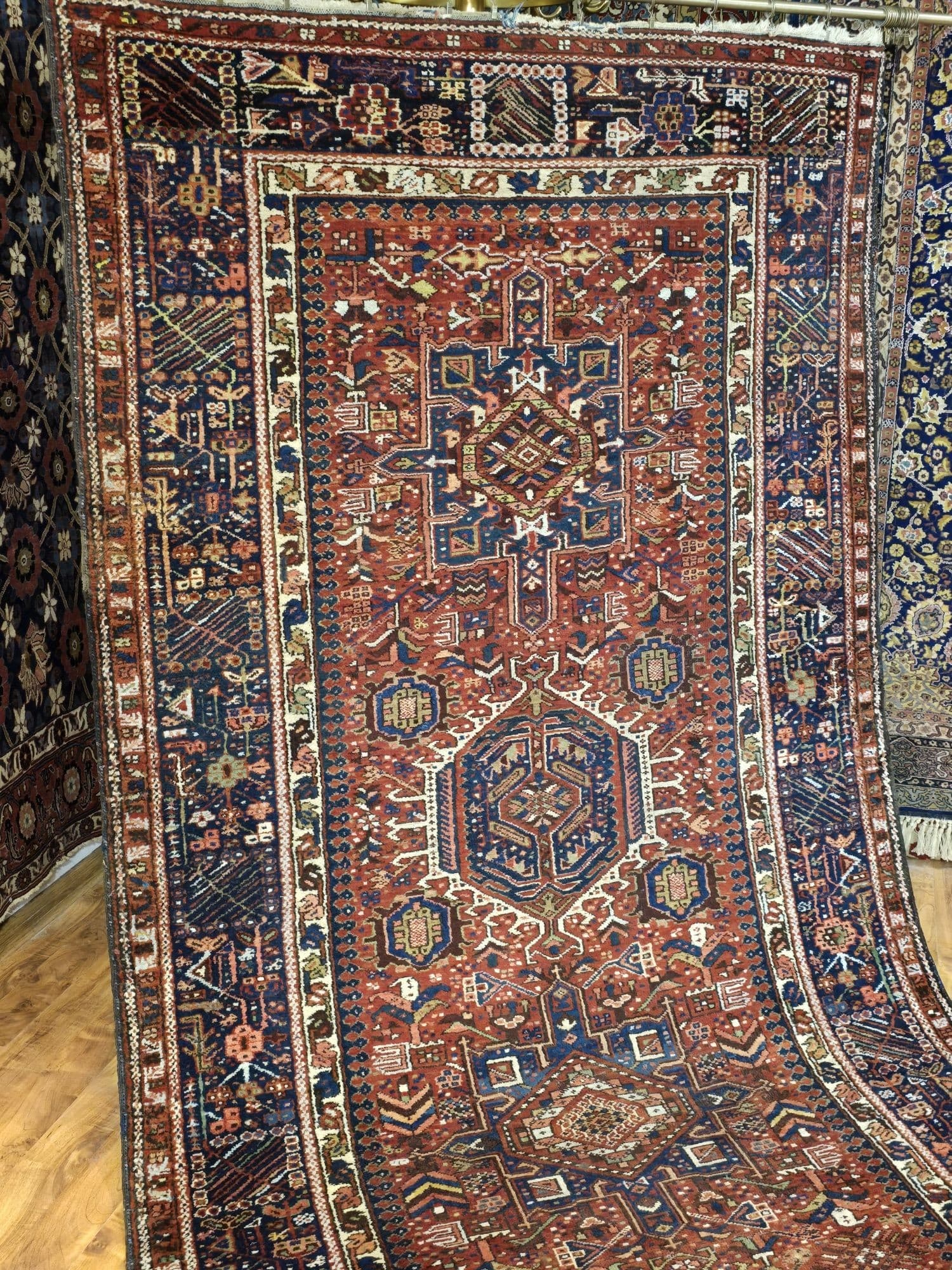 Carpet Heriz Karayah 440x150 cm, red blue yellow green brown white, wool, Iran, early 20th c. - 395722