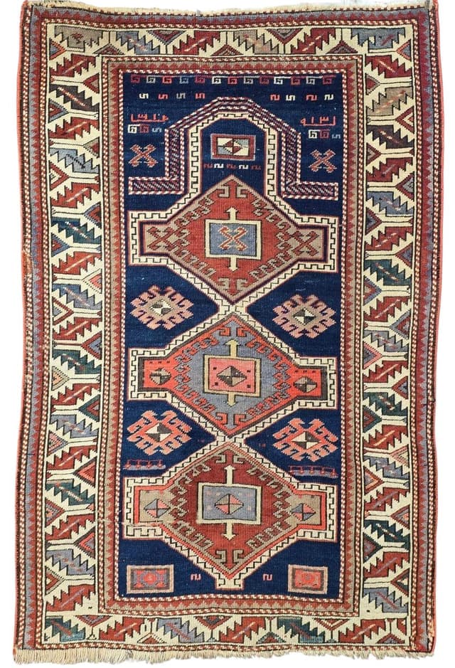 Dywan Namazlyk Shirvan/Dagestan 83x125 cm, granatowy czerwony biały niebieski zielony szary, wełna, Kaukaz, XIX w. - WYMIARY