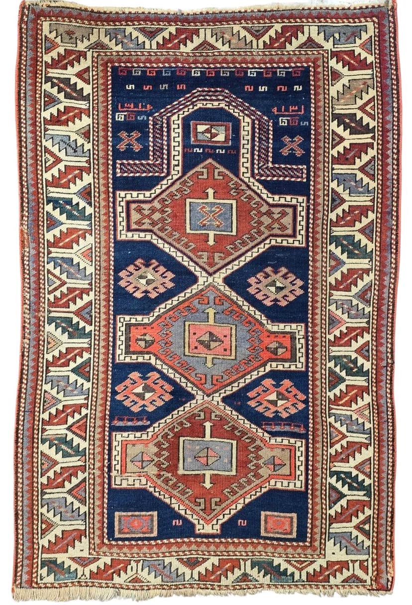 Rug Namazlyk Shirvan/Dagestan 83x125 cm, navy blue red white blue green grey, wool, Caucasus, 19th c.