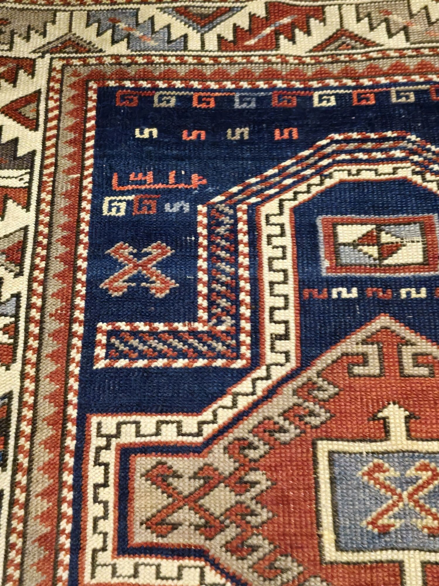 Dywan Namazlyk Shirvan/Dagestan 83x125 cm, granatowy czerwony biały niebieski zielony szary, wełna, Kaukaz, XIX w. - 395742