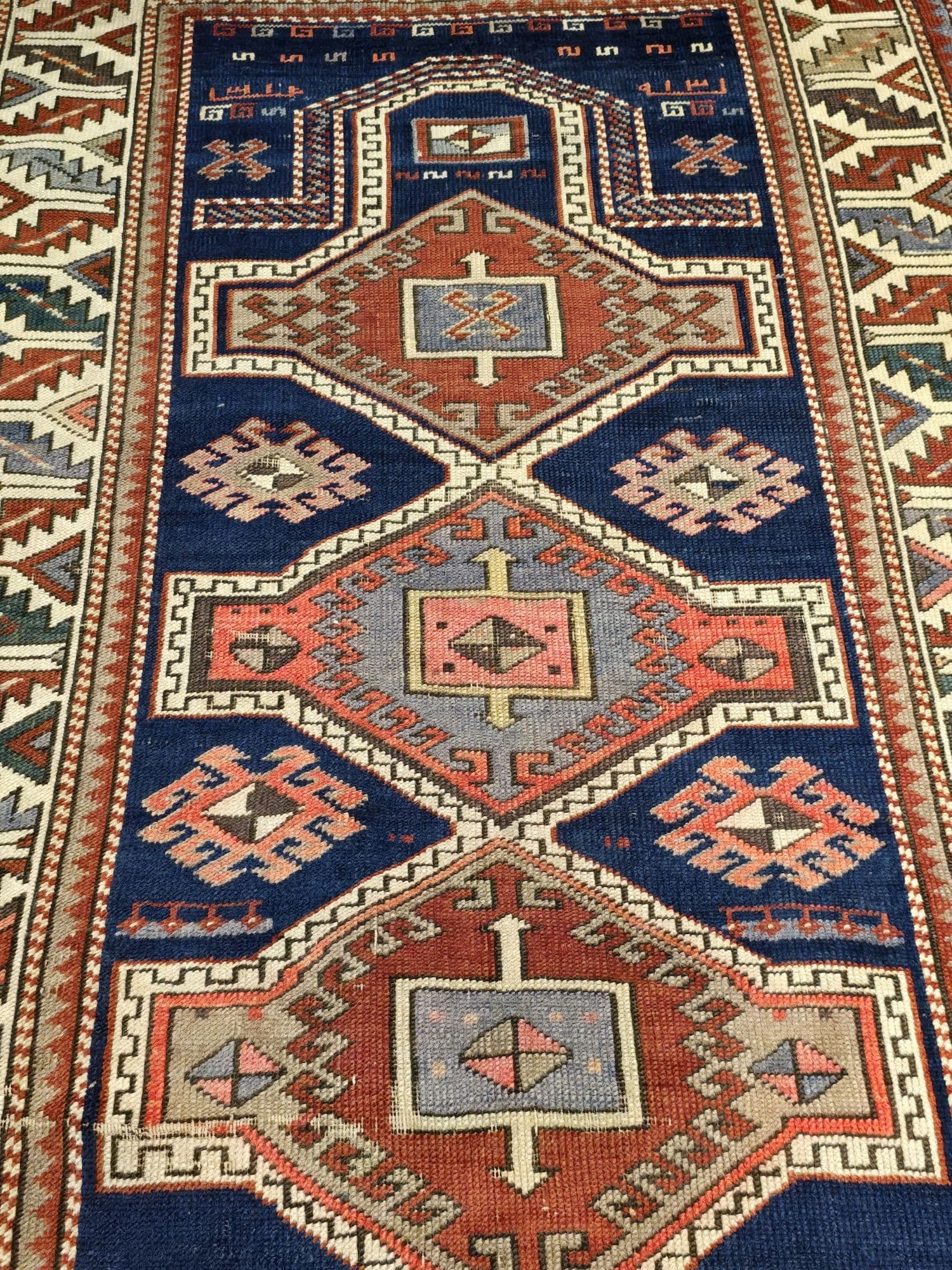 Dywan Namazlyk Shirvan/Dagestan 83x125 cm, granatowy czerwony biały niebieski zielony szary, wełna, Kaukaz, XIX w. - 395737