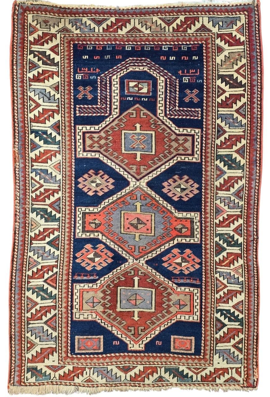 Dywan Namazlyk Shirvan/Dagestan 83x125 cm, granatowy czerwony biały niebieski zielony szary, wełna, Kaukaz, XIX w. - 395744