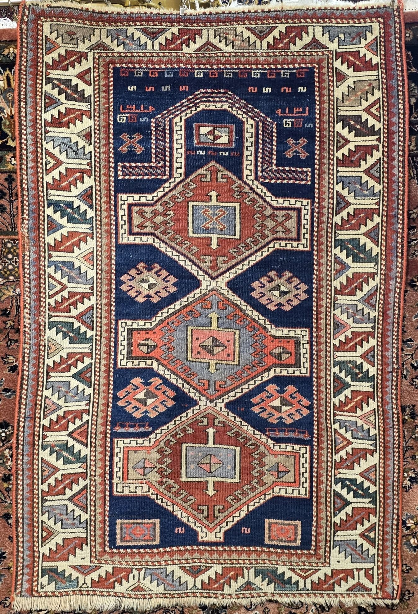 Dywan Namazlyk Shirvan/Dagestan 83x125 cm, granatowy czerwony biały niebieski zielony szary, wełna, Kaukaz, XIX w. - 395739