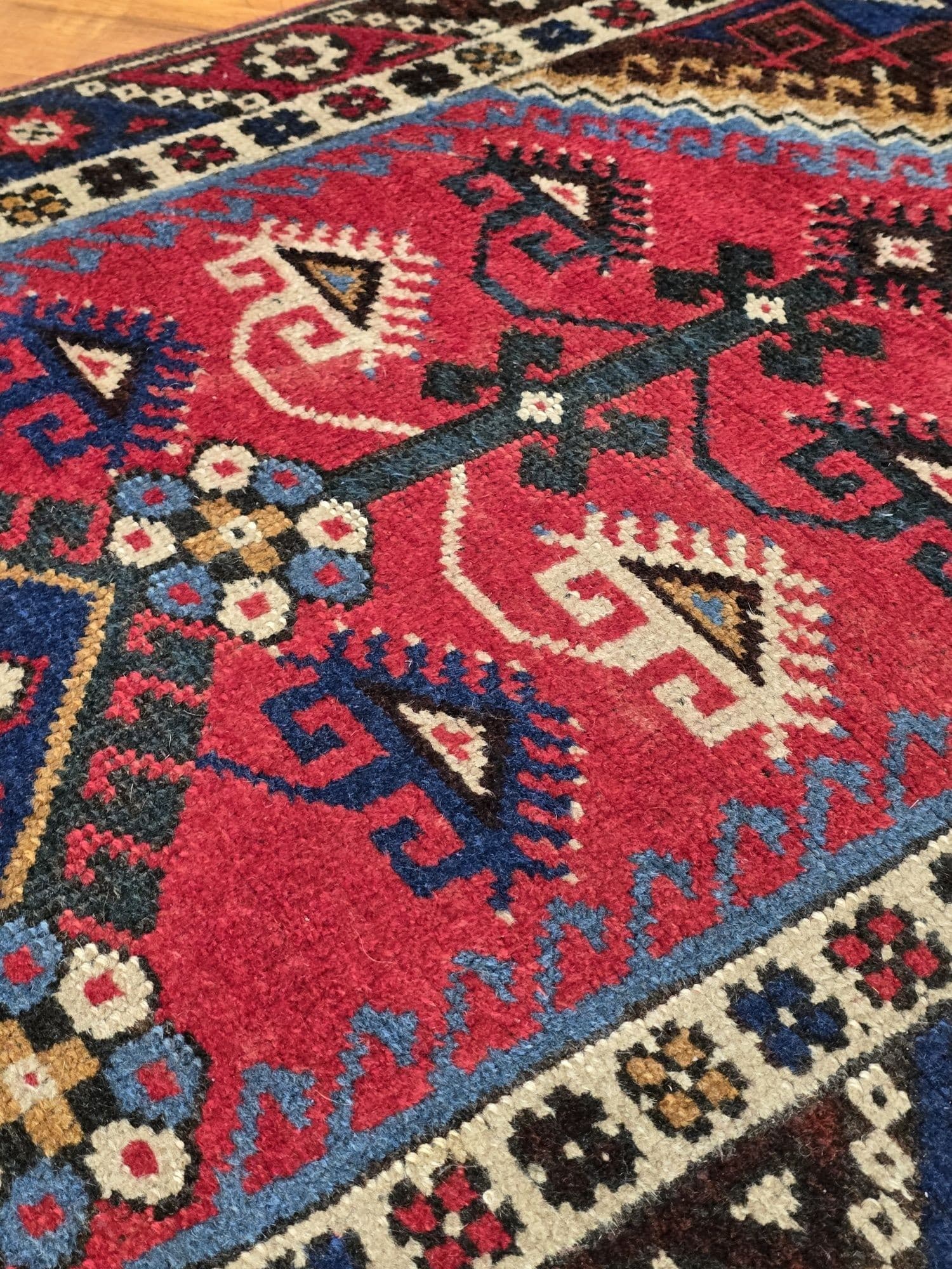 Chodnik Dosemealtı 185x76 cm, czerwony niebieski brązowy biały zielony, wełna, Turcja, lata 70. - 395841