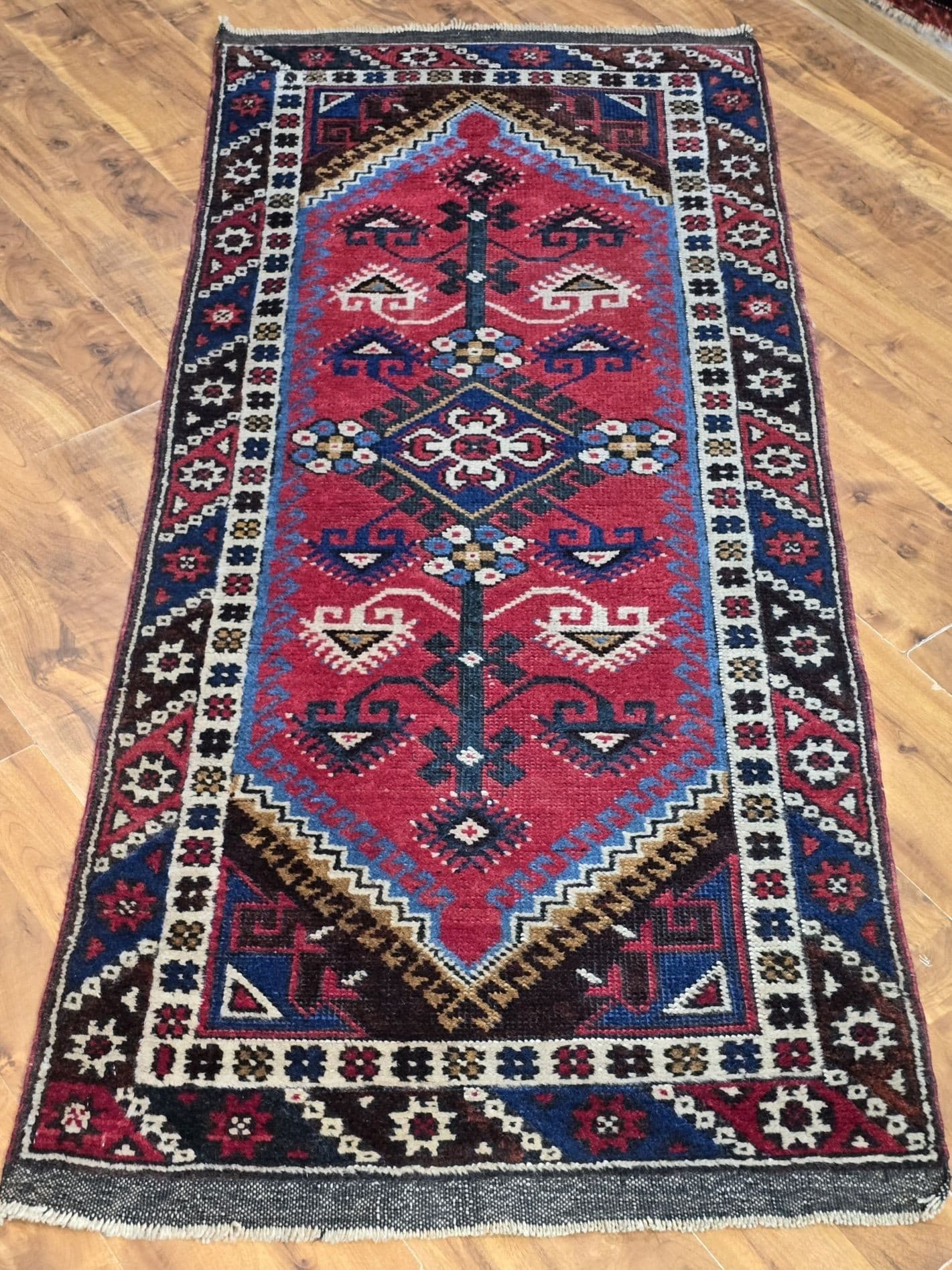 Chodnik Dosemealtı 185x76 cm, czerwony niebieski brązowy biały zielony, wełna, Turcja, lata 70. - 395847