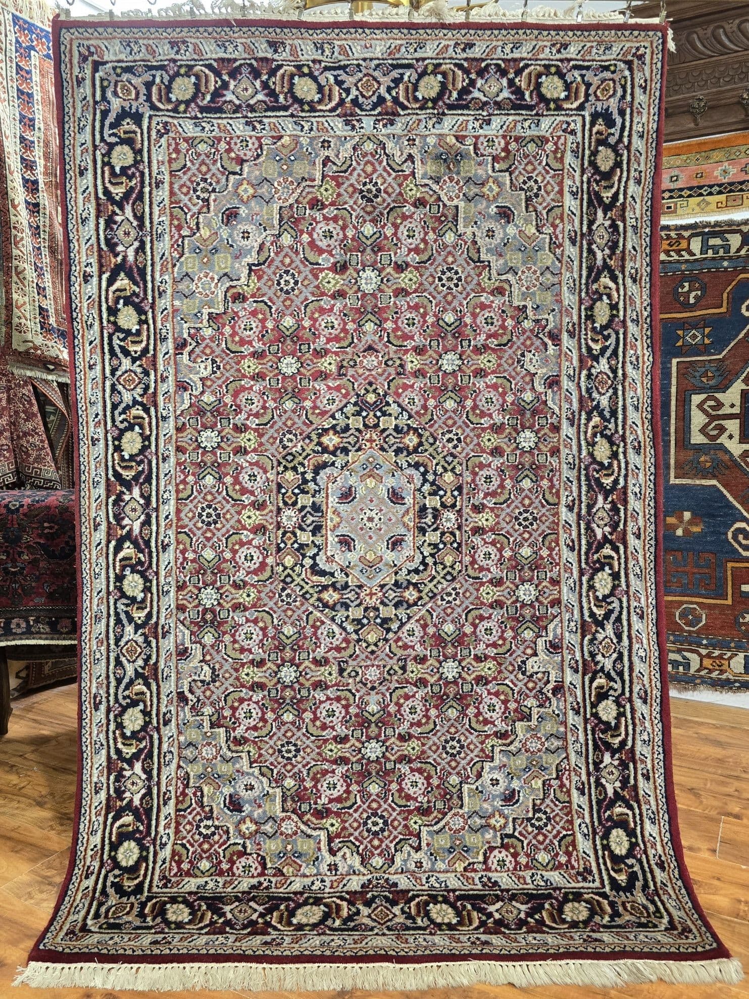 Rug Indo Bidjar 115x185 cm, red blue beige gold, wool, India - 395892