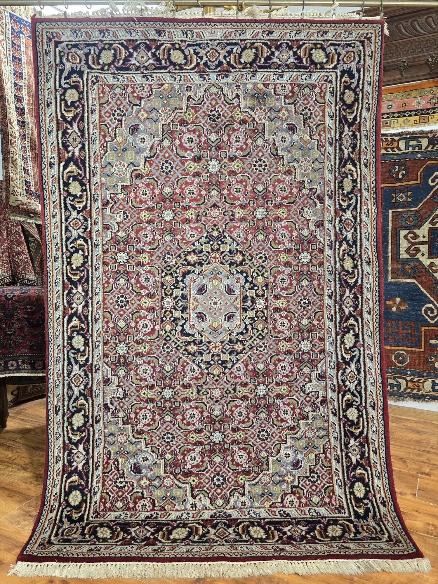 Rug Indo Bidjar 115x185 cm, red blue beige gold, wool, India - 395890
