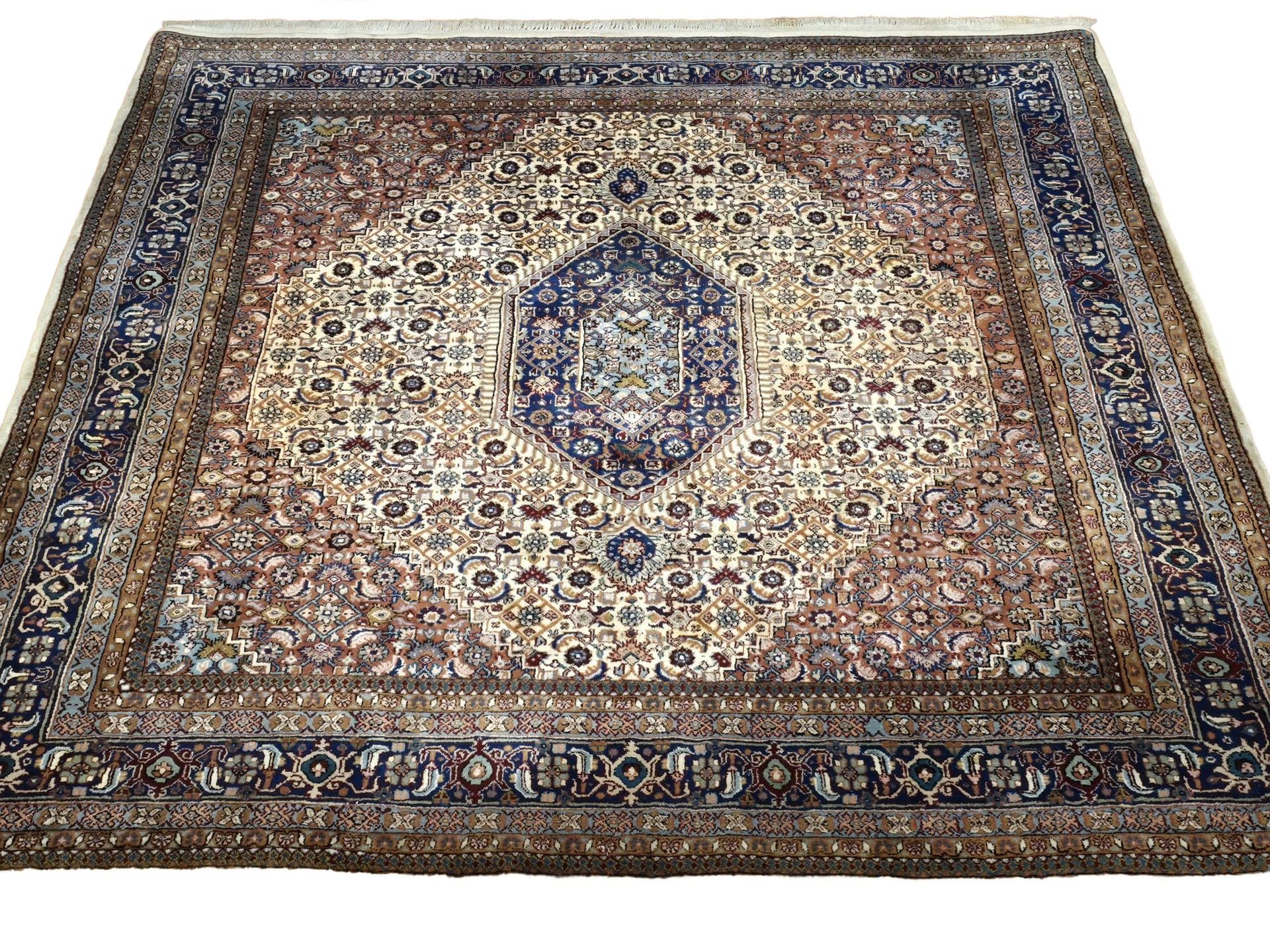 Rug Indo Bidjar 200x200 cm, white, orange, blue, beige, brown wool