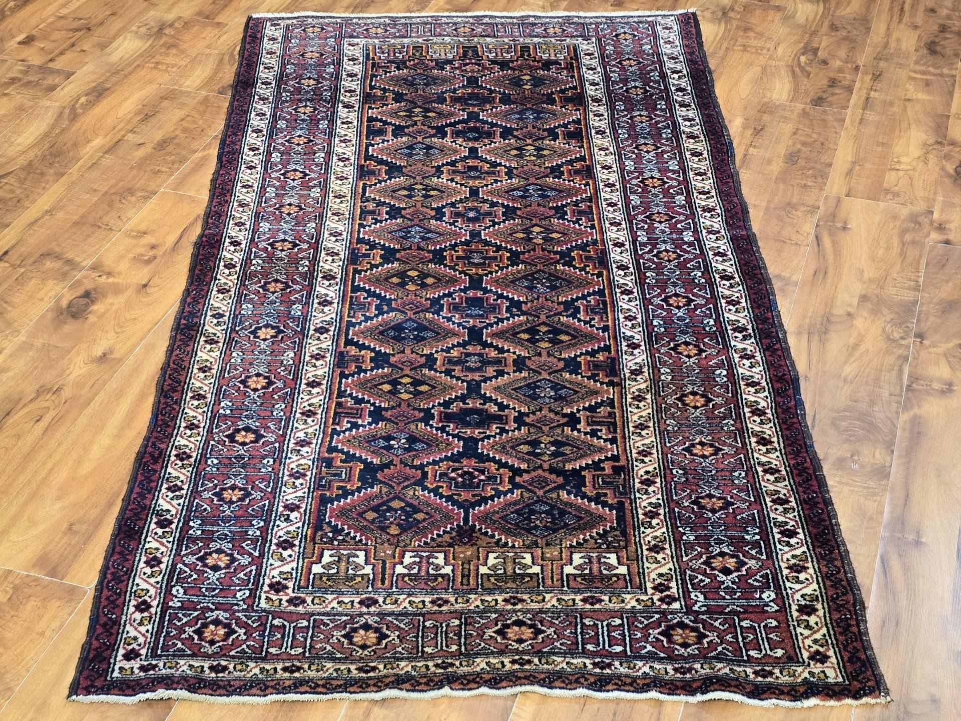 Rug Beluch, 100x195 cm, blue red brown gold white, wool, Iran, 1960s. - 396032