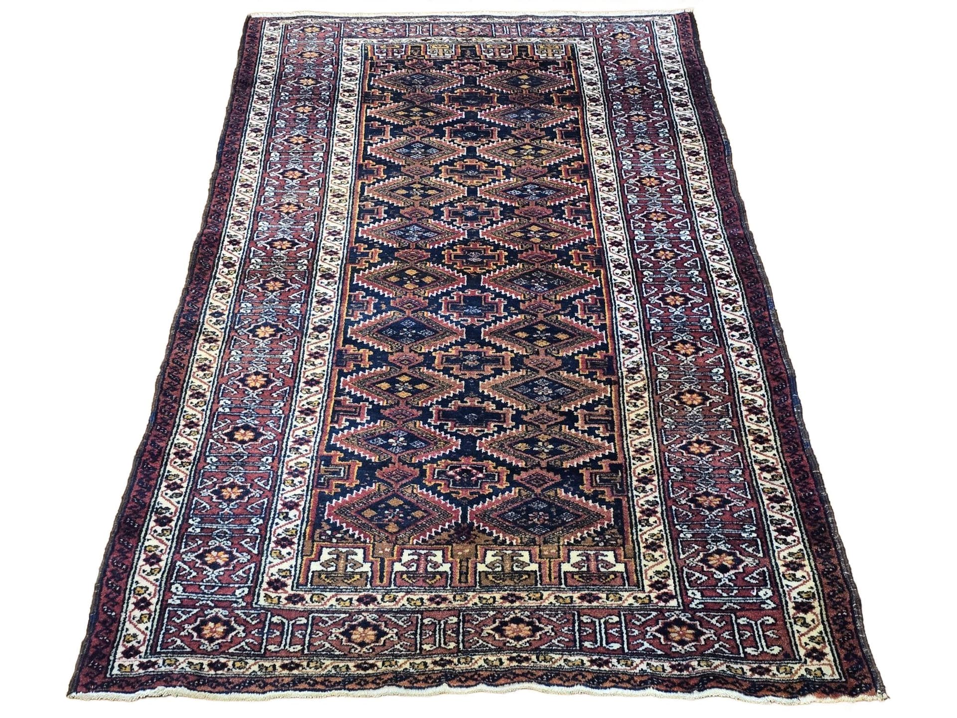 Rug Beluch, 100x195 cm, blue red brown gold white, wool, Iran, 1960s.