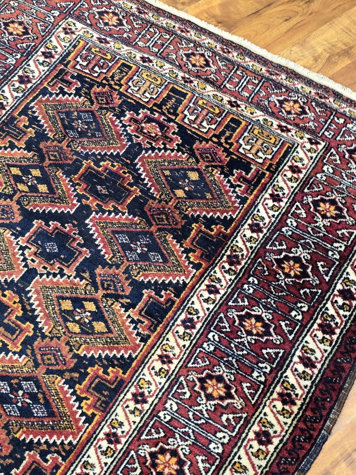 Rug Beluch, 100x195 cm, blue red brown gold white, wool, Iran, 1960s. - 396026