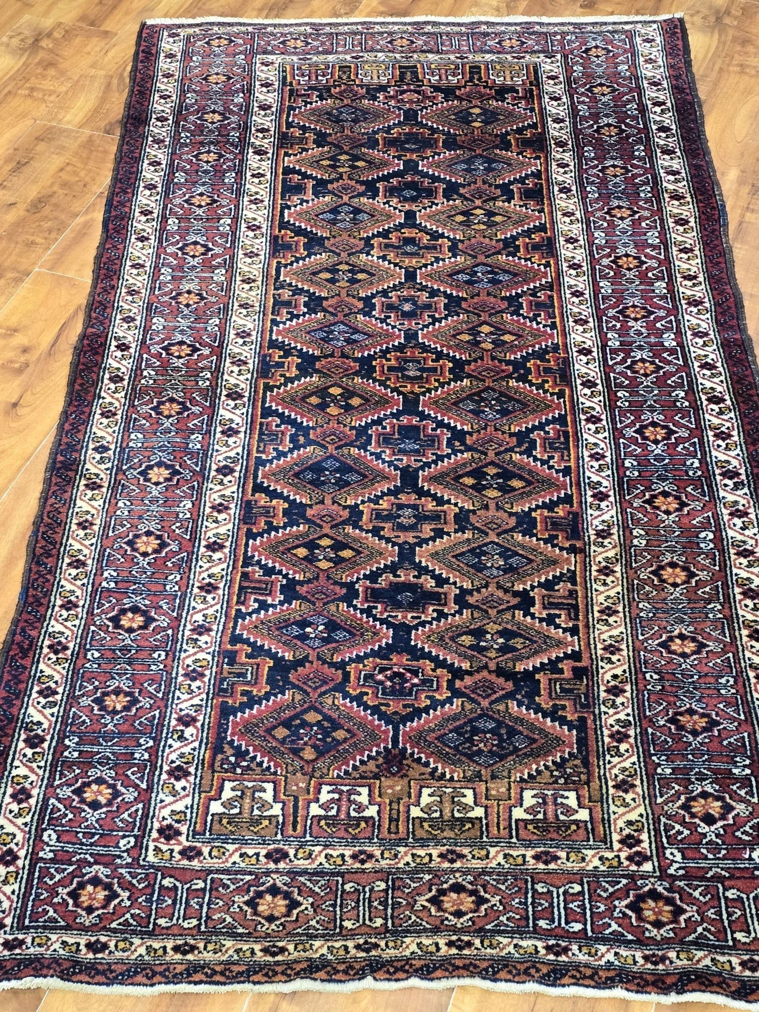 Rug Beluch, 100x195 cm, blue red brown gold white, wool, Iran, 1960s. - 396025