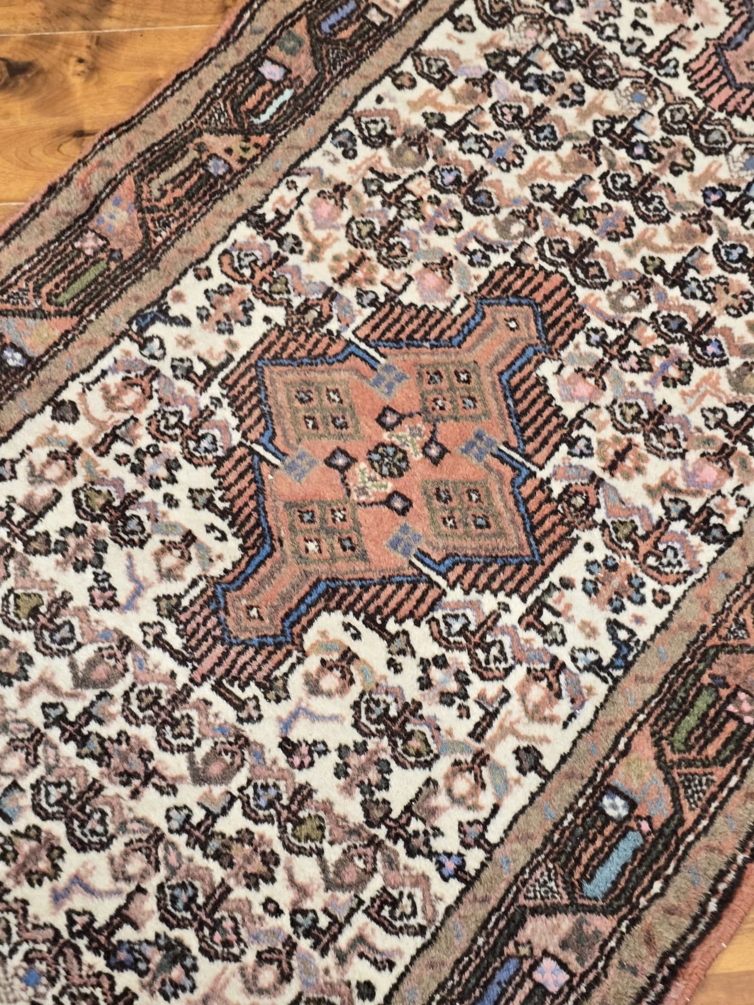 Chodnik Hamadan 82x285 cm, beżowy brązowy pomarańczowy różowy niebieski zielony, wełna, Iran, lata 70. - 396042