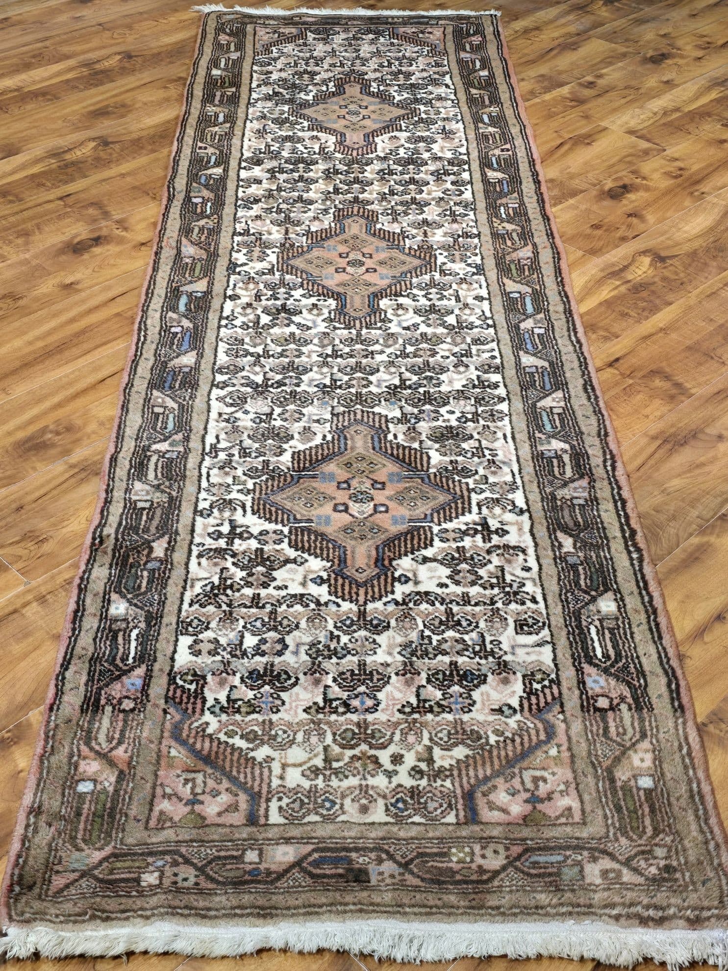 Chodnik Hamadan 82x285 cm, beżowy brązowy pomarańczowy różowy niebieski zielony, wełna, Iran, lata 70. - 396048