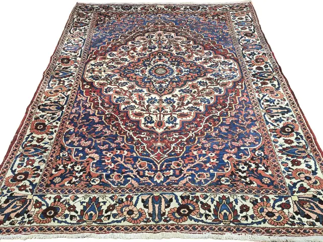 Dywan perski Bahtiari 220x315 cm, niebieski czerwony biały pomarańczowy brązowy zielony złoty, wełna, Iran, lata 70. - WYMIARY