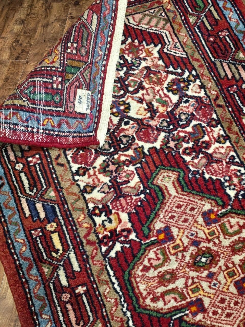 Chodnik Hamadan 300x78 cm, czerwony kremowy niebieski zielony żółty brązowy, wełna, Iran, lata 60. - 396052
